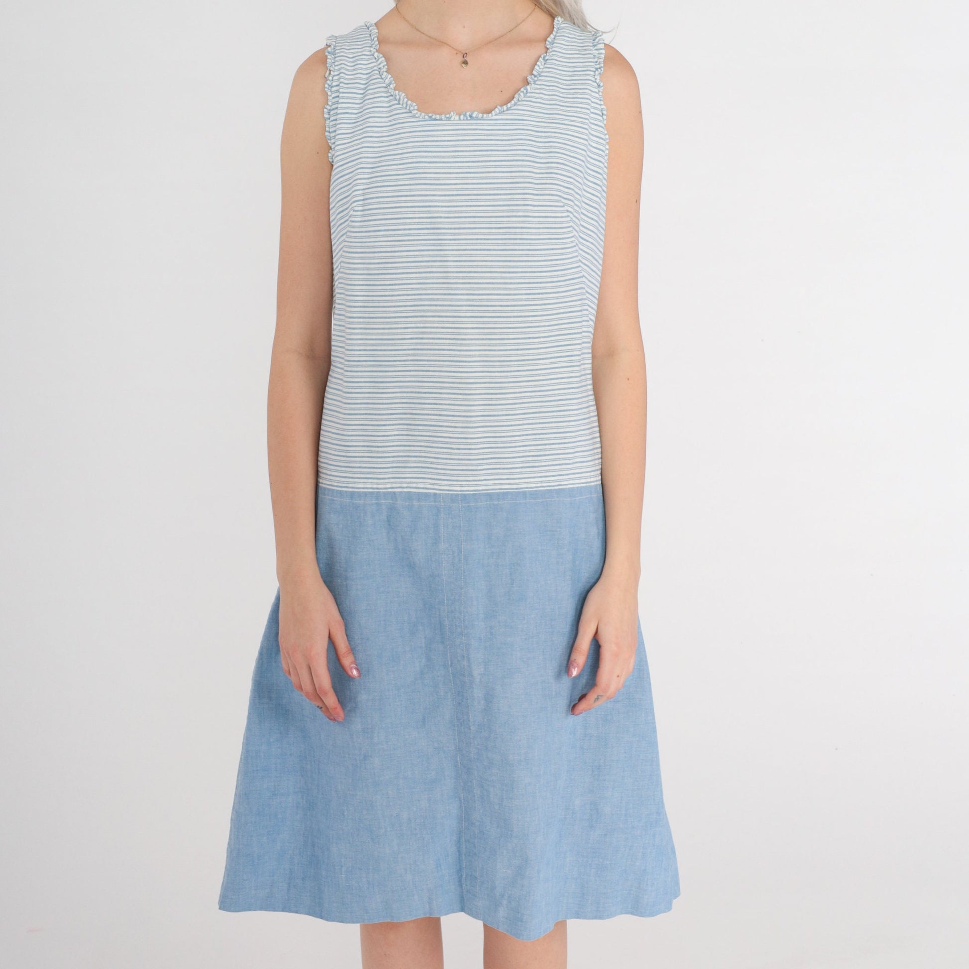 60s Mod Shift Dress Blue White Striped Mini Drop Waist Sleeveless Small