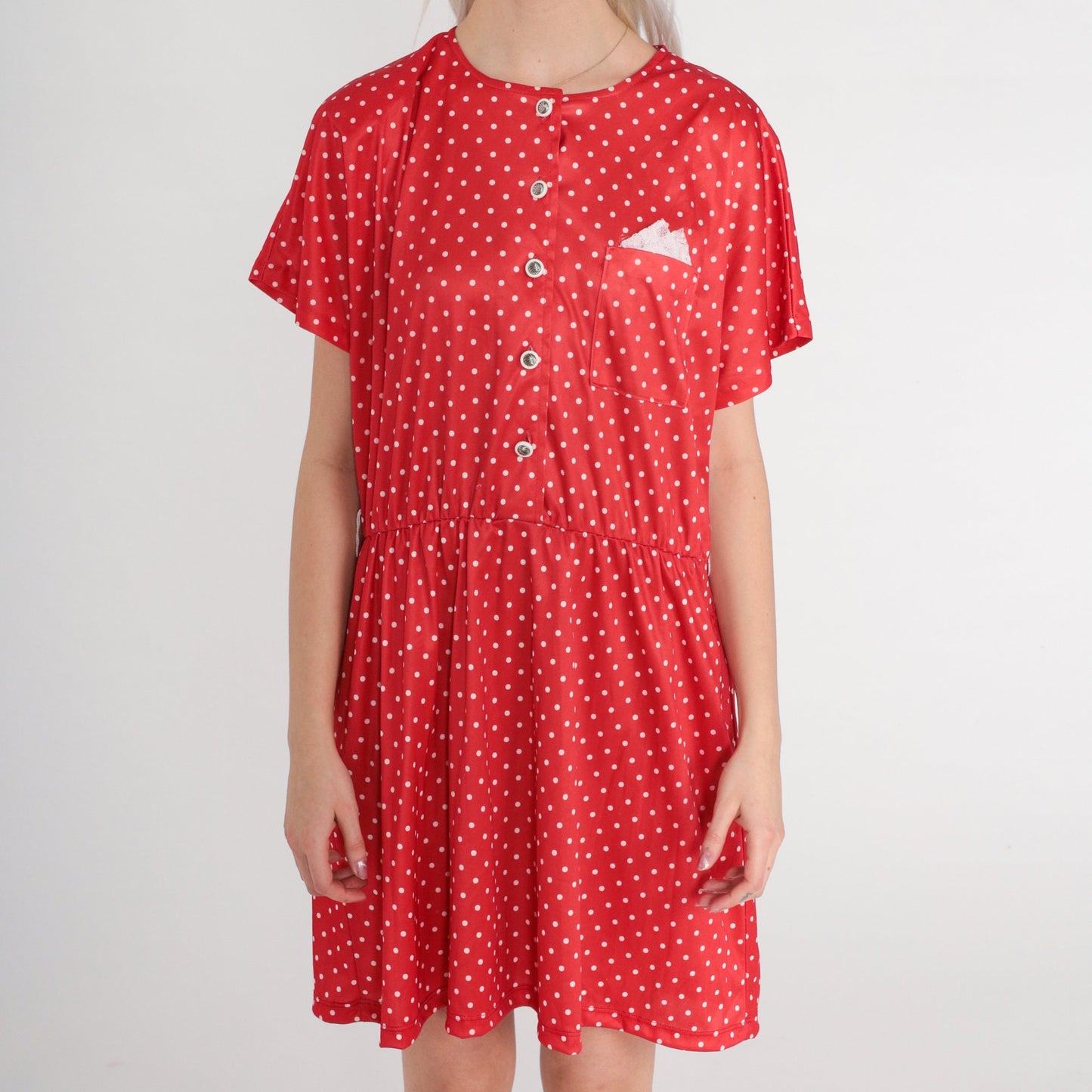 80s Red Polka Dot Button-Up Mini Dress High Waist Shirtdress Large