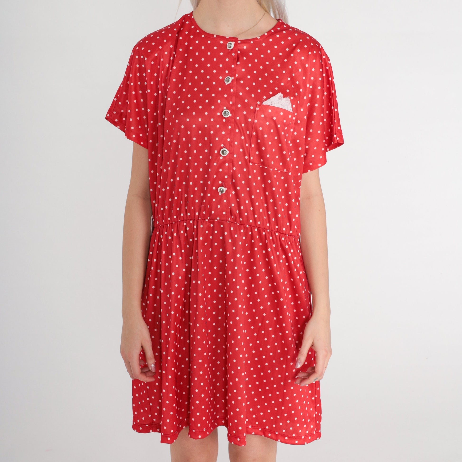 80s Red Polka Dot Button-Up Mini Dress High Waist Shirtdress Large