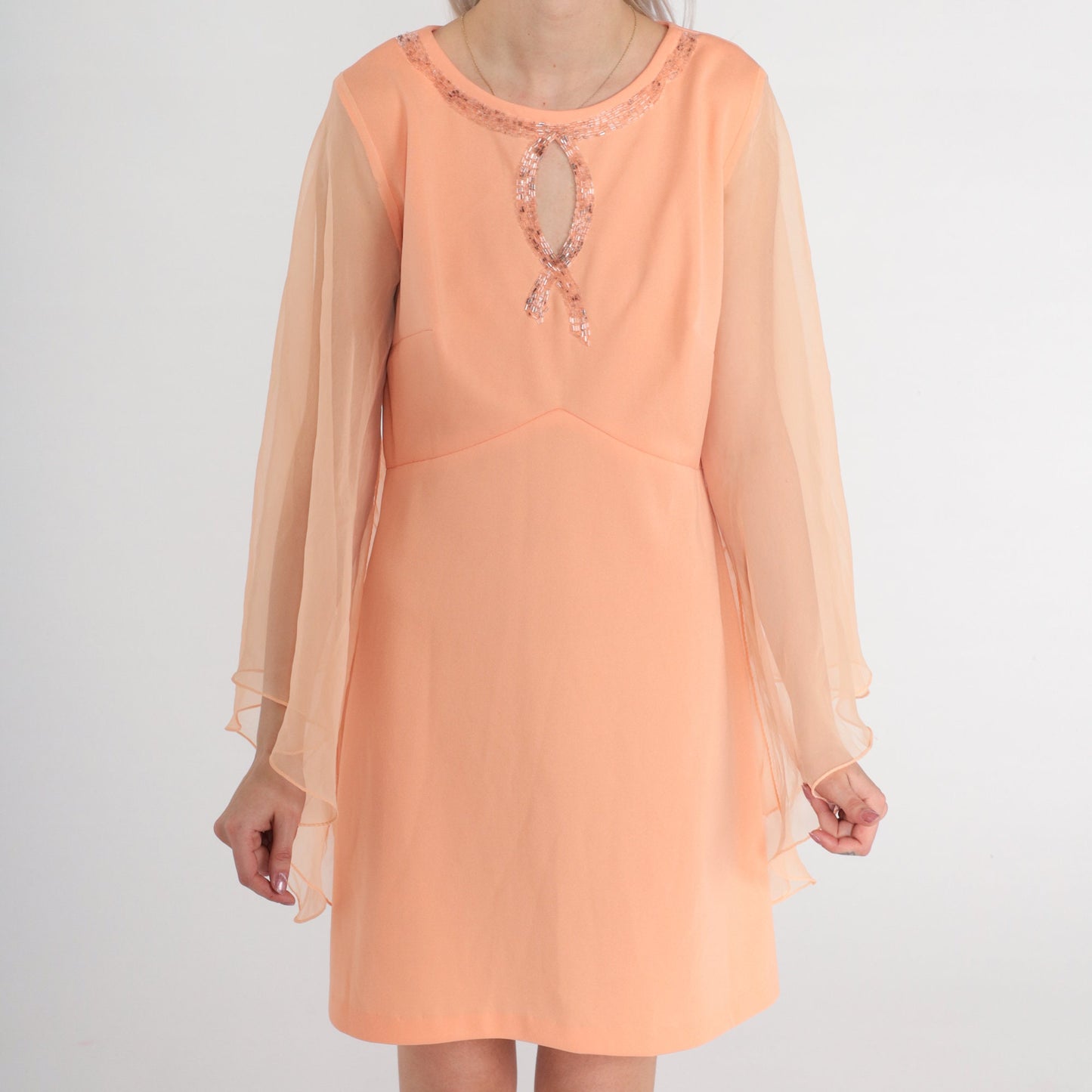1960s Peach Babydoll Mini Dress Angel Sleeve Beaded Keyhole Medium Large