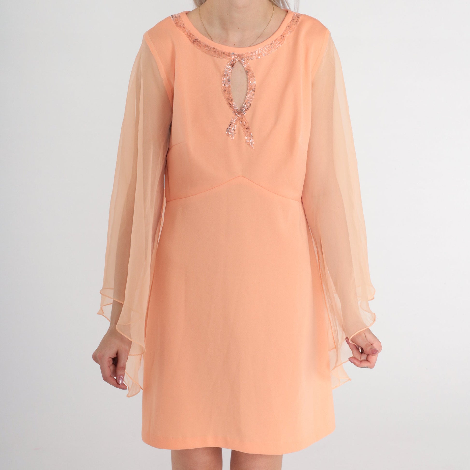 1960s Peach Babydoll Mini Dress Angel Sleeve Beaded Keyhole Medium Large