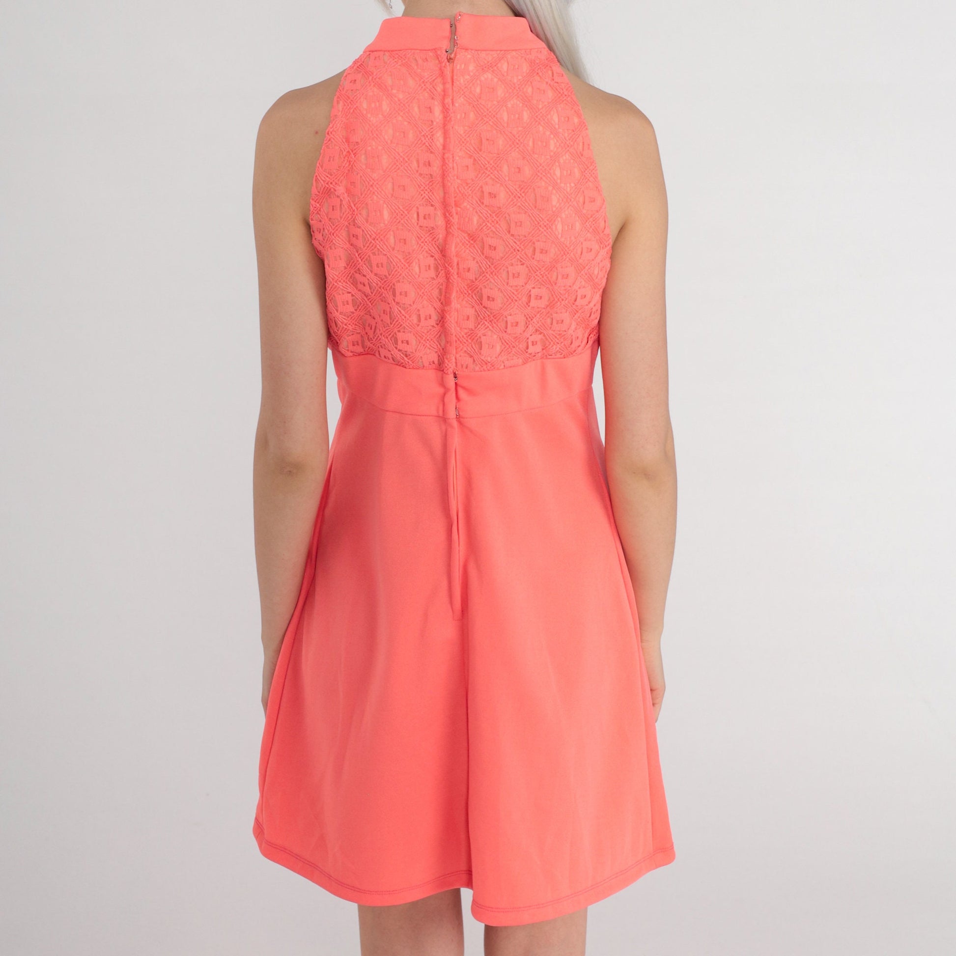 70s Hot Salmon Pink Lace Mini Dress Empire Waist Mock Neck Small