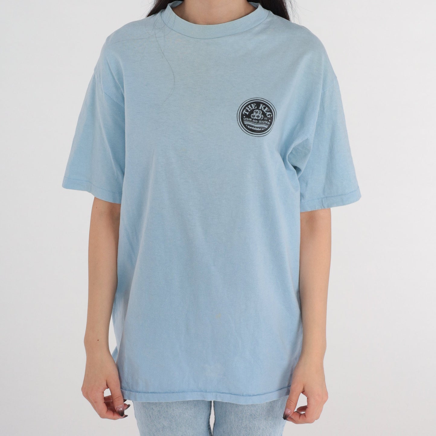 80s The Keg Steak and Seafood T-Shirt Baby Blue Gumby Graphic Tee Medium