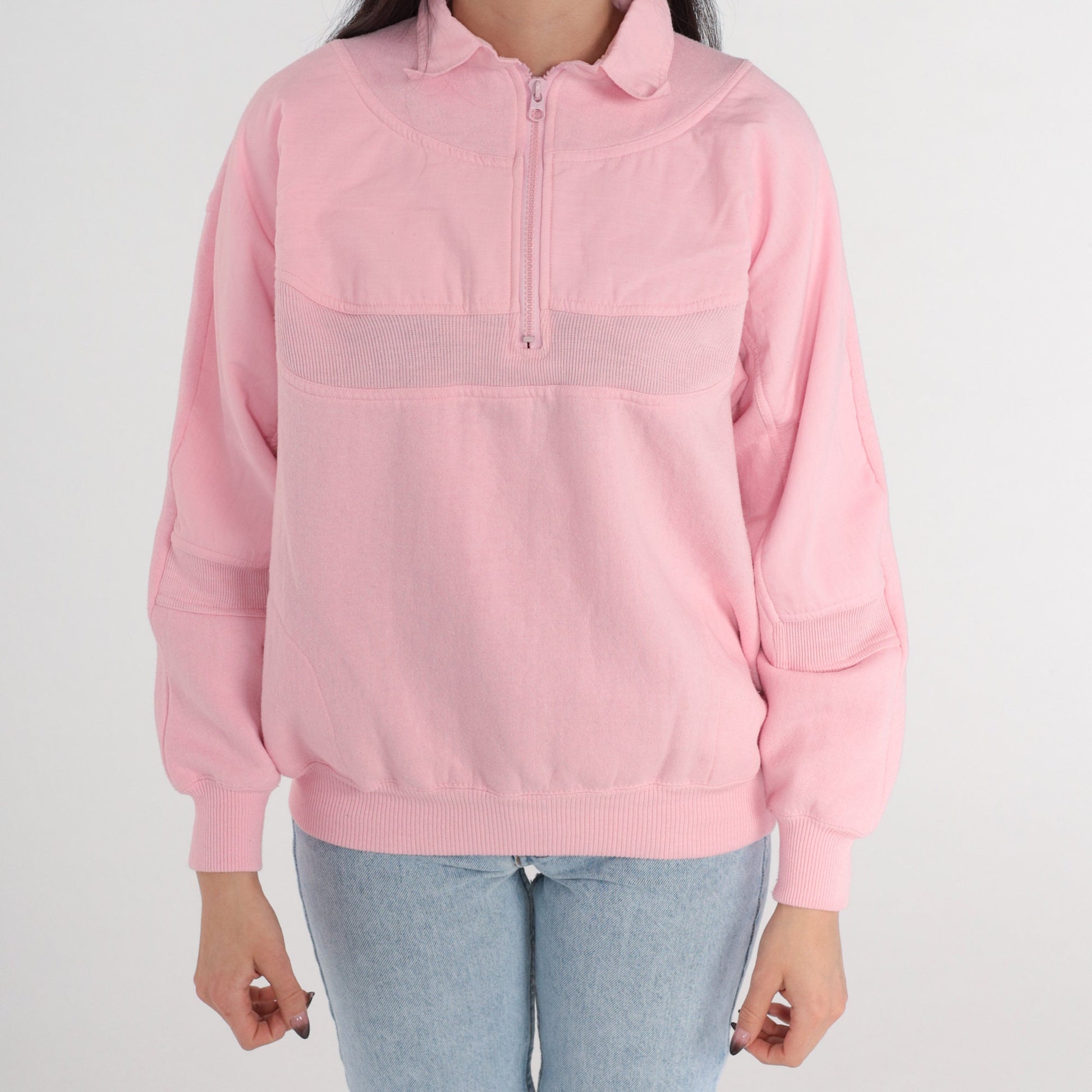 80s Baby Pink Quarter Zip Sweatshirt Striped Collar Pullover Small