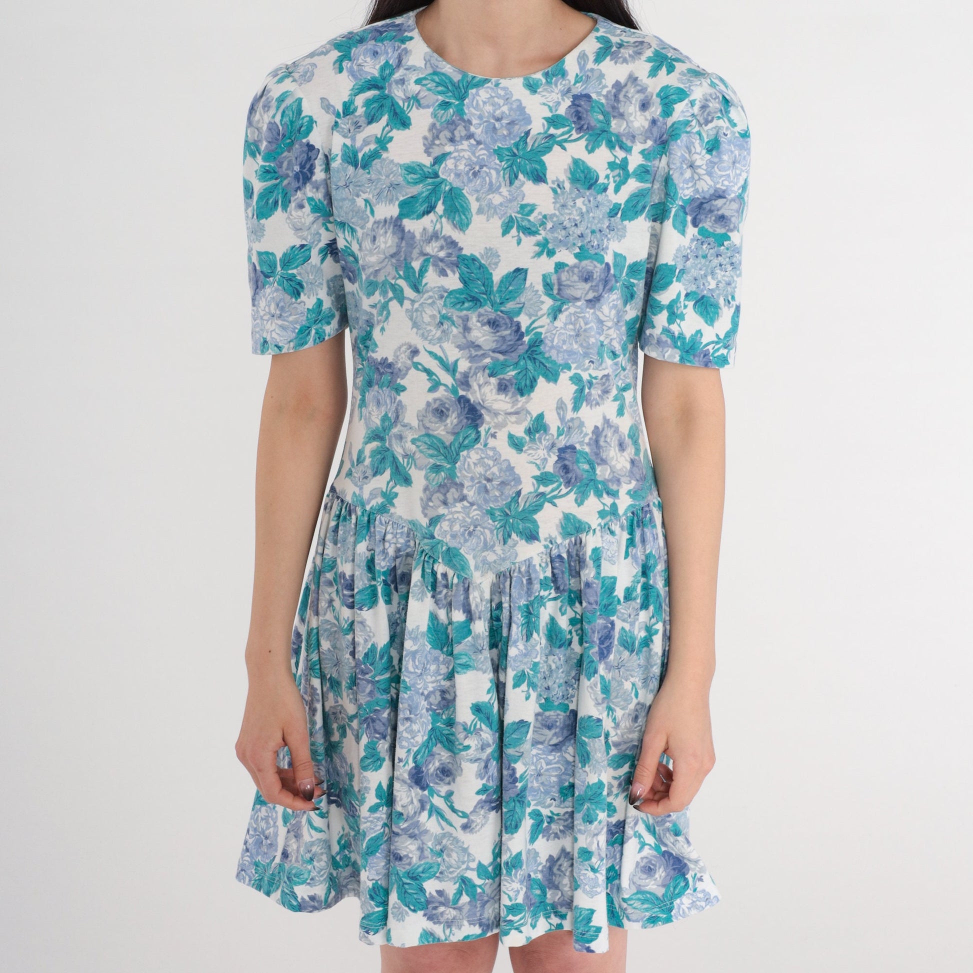 80s Floral Mini Dress Puff Sleeve White Rose Print Basque Waist Small