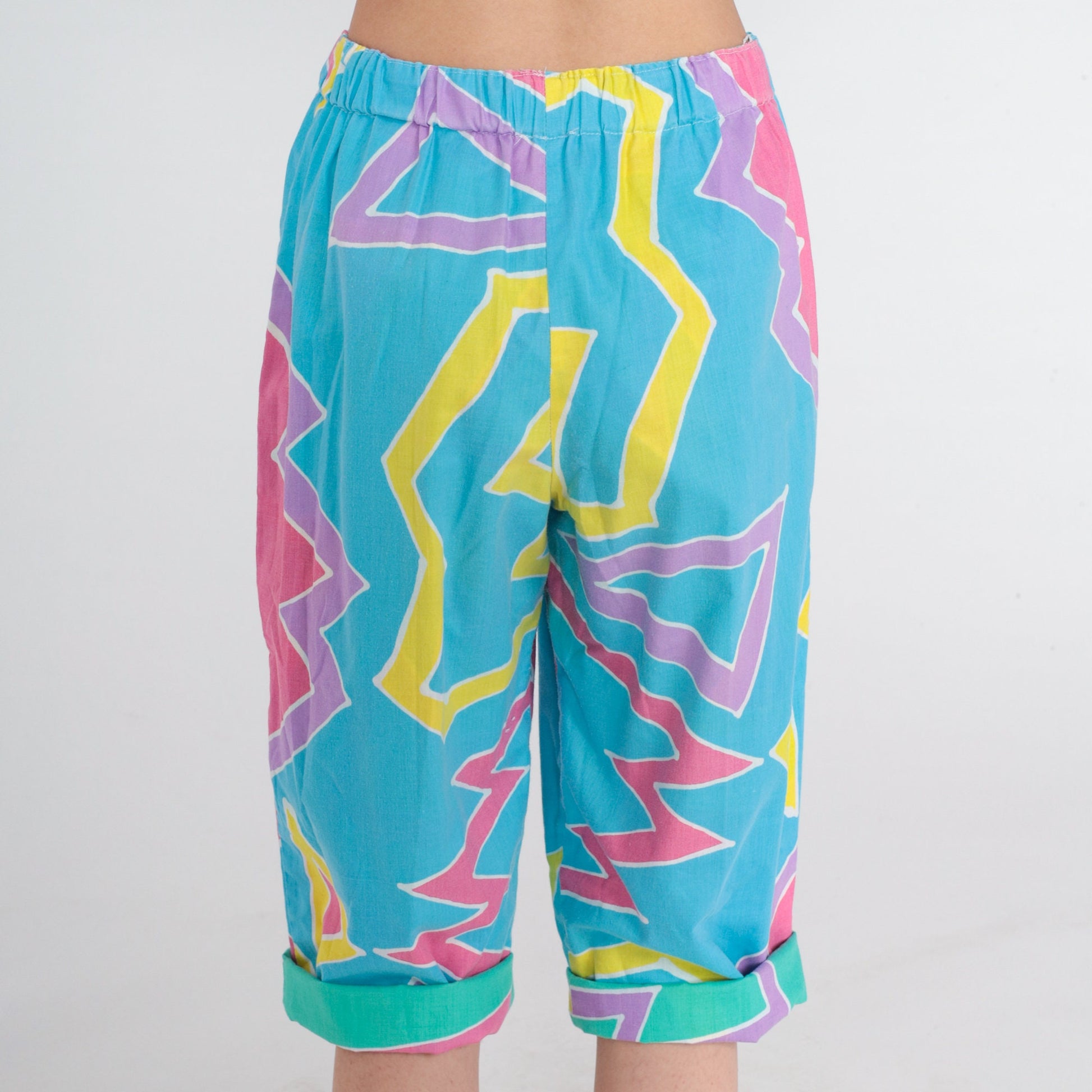 80s Blue Capri Pants Abstract Geometric Print High Waist Drawstring Small Medium