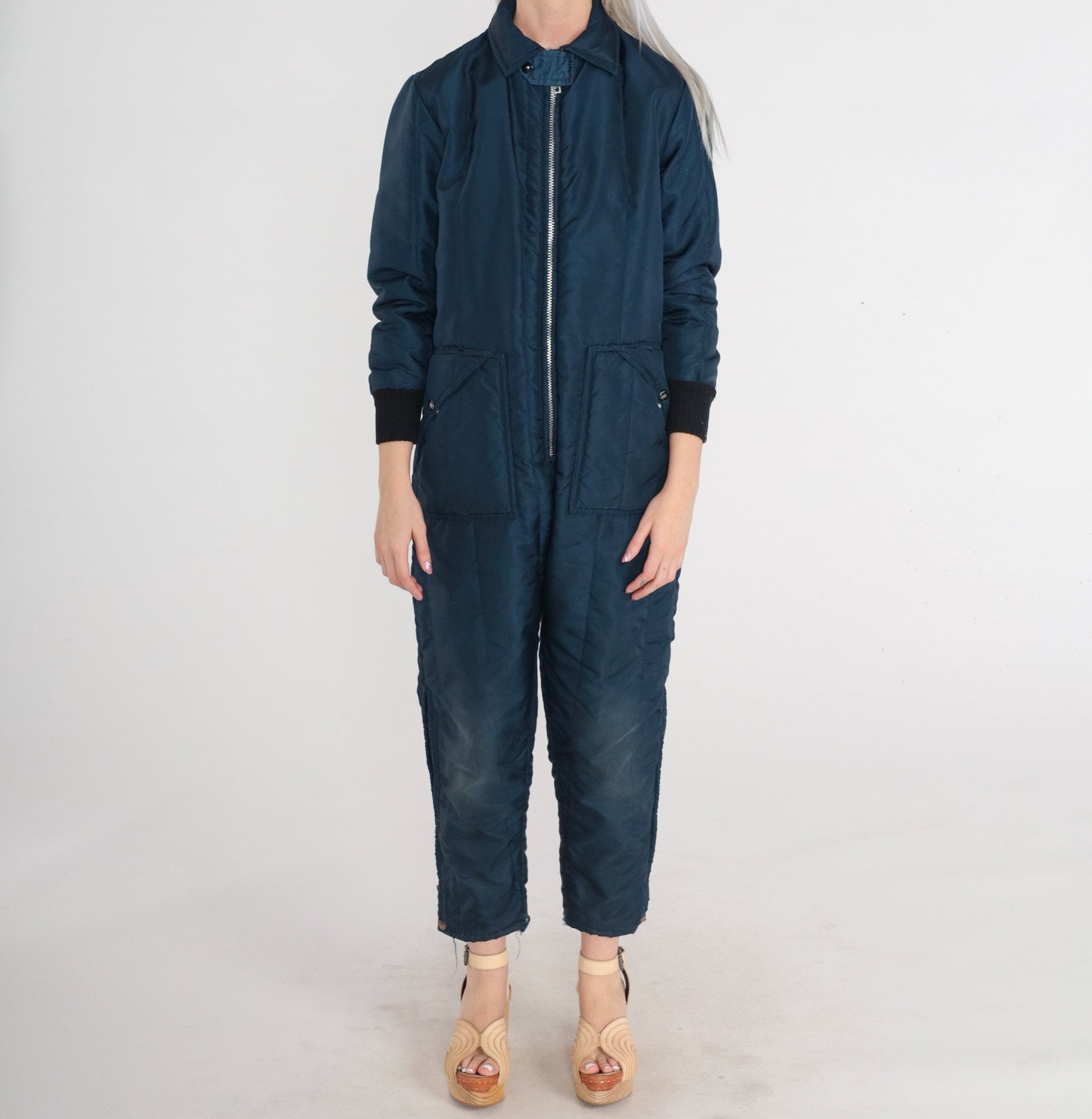 70s Snow Shield Navy Insulated Ski Suit Jumpsuit Ankle Zip XS