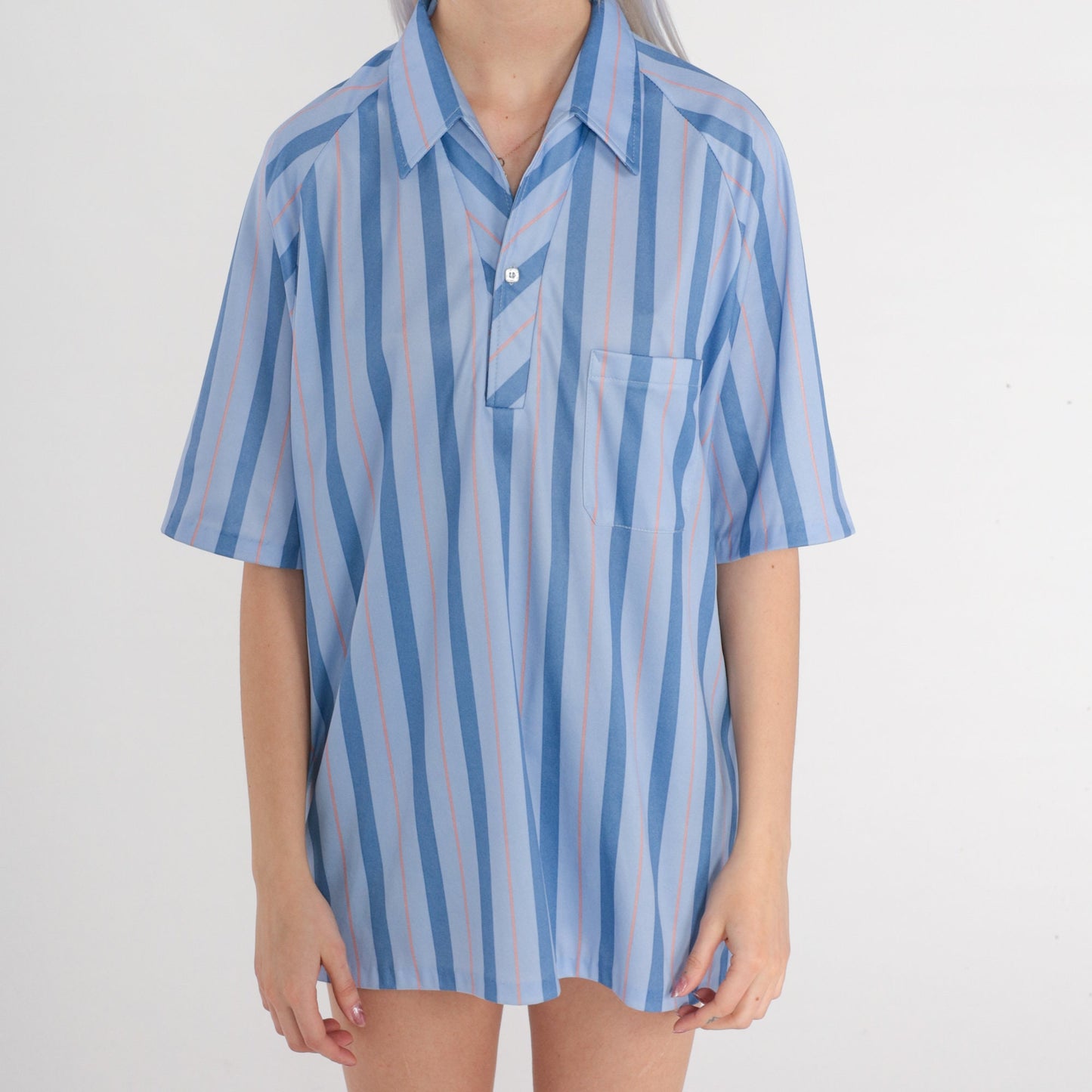 70s Blue Striped Polo Shirt Half Button Collared Short Sleeve Men's Large