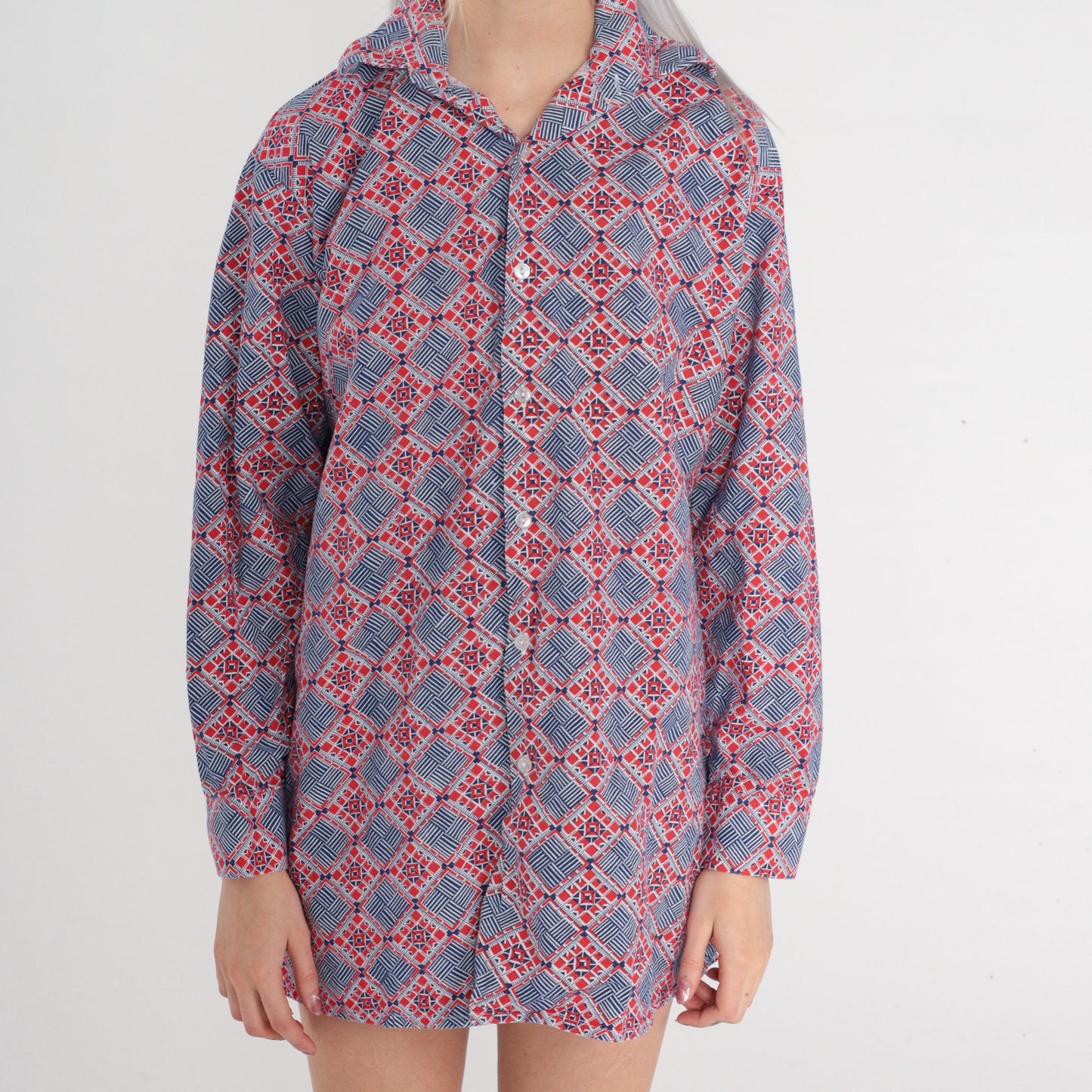 70s Lotus Button Up Shirt Red Blue Geometric Tile Print Long Sleeve Extra Large