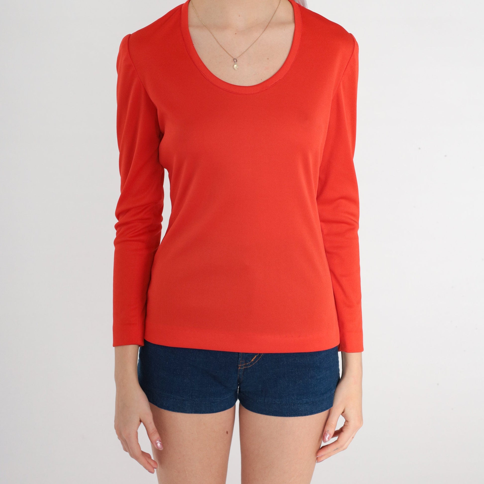 70s Red-Orange Scoop Neck Long Sleeve Shirt Small