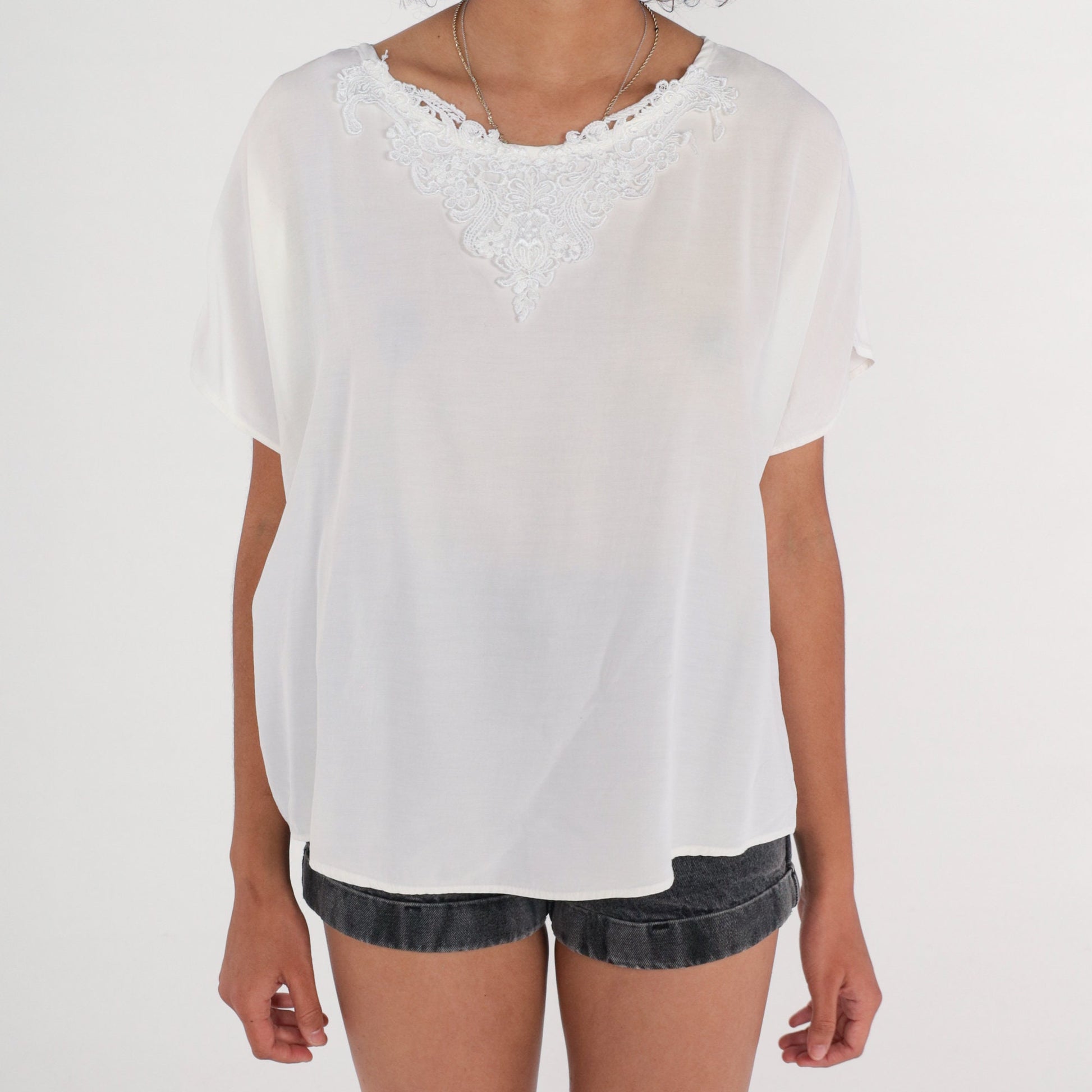 90s White Floral Lace Appliqué Blouse Short Sleeve Top Extra Large XXL