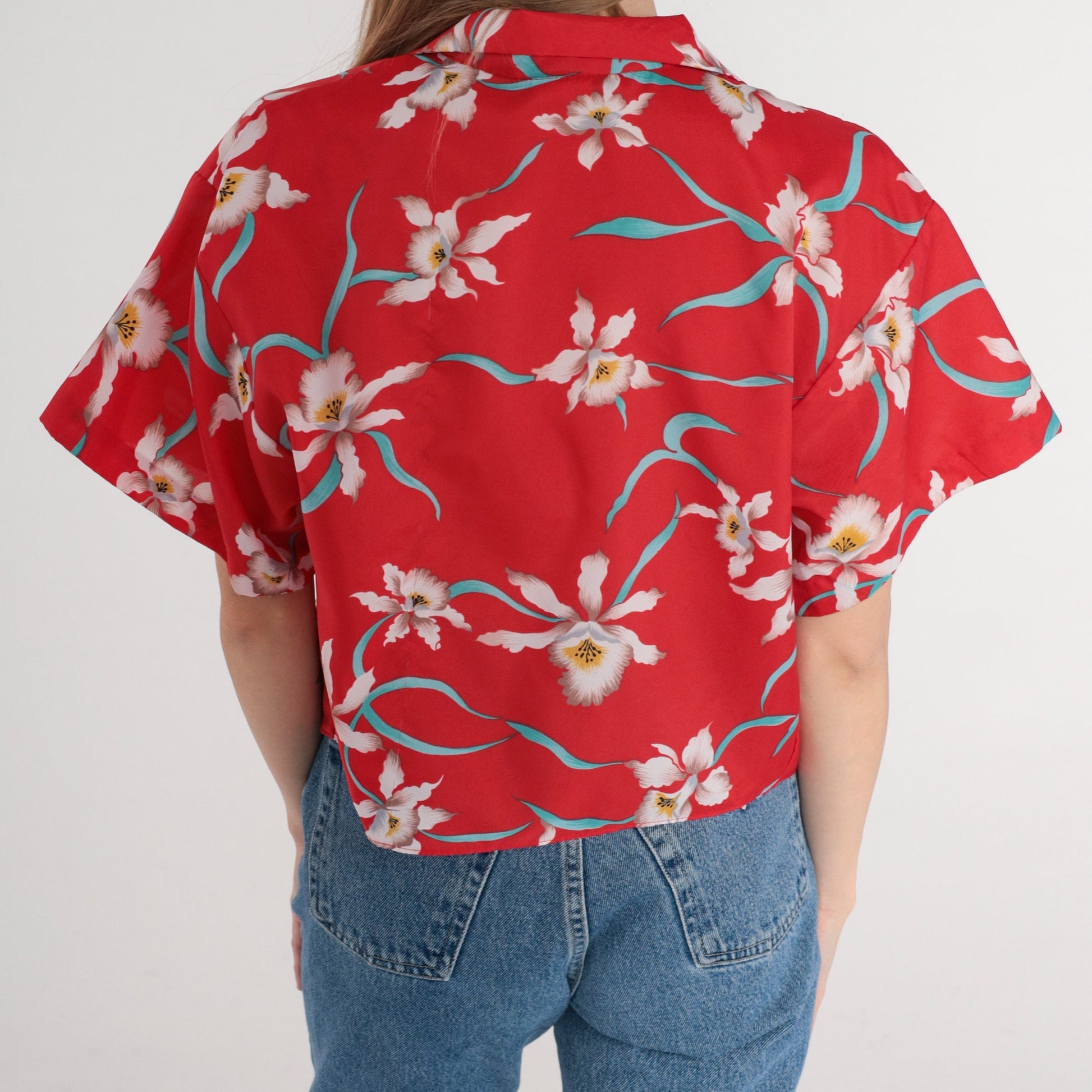 90s Red Tropical Floral Button-Up Shirt Tie Front Short Sleeve Medium M