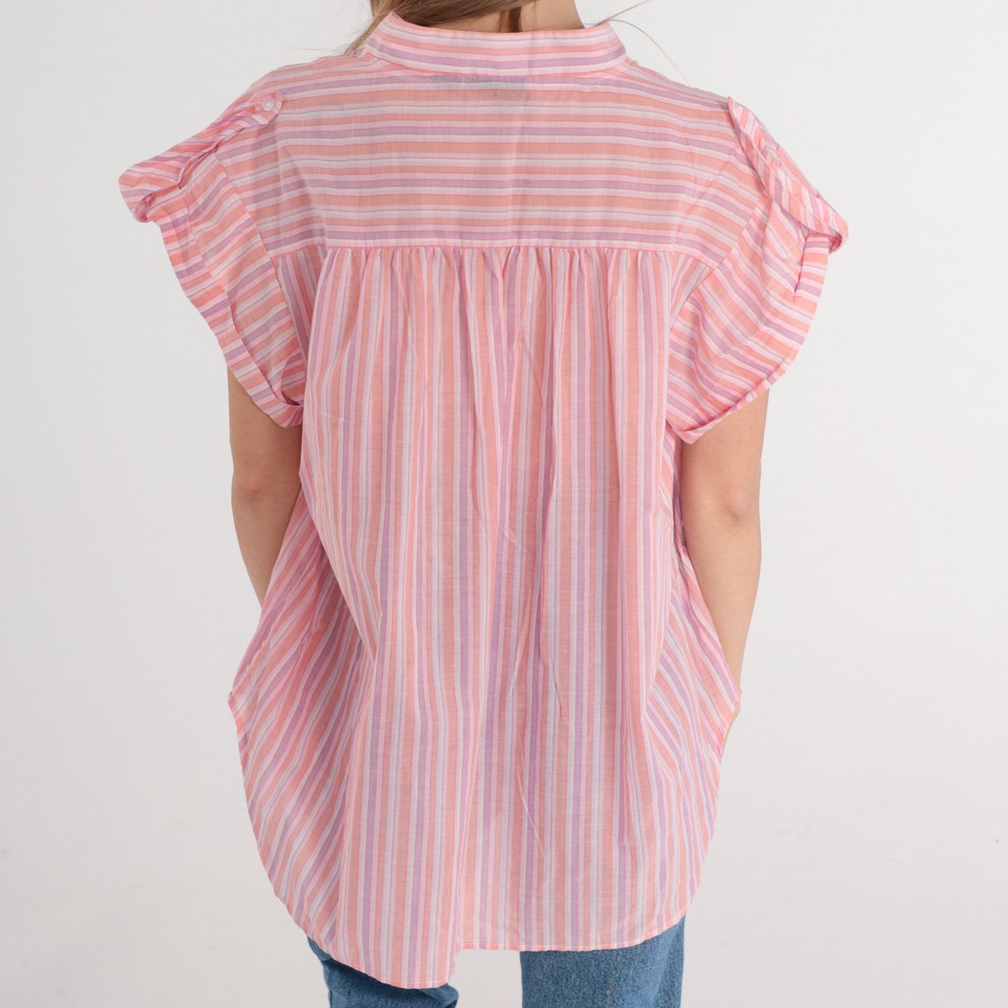 80s Striped Half-Button Blouse Pink Orange Purple Cap Sleeve Extra Large XXL