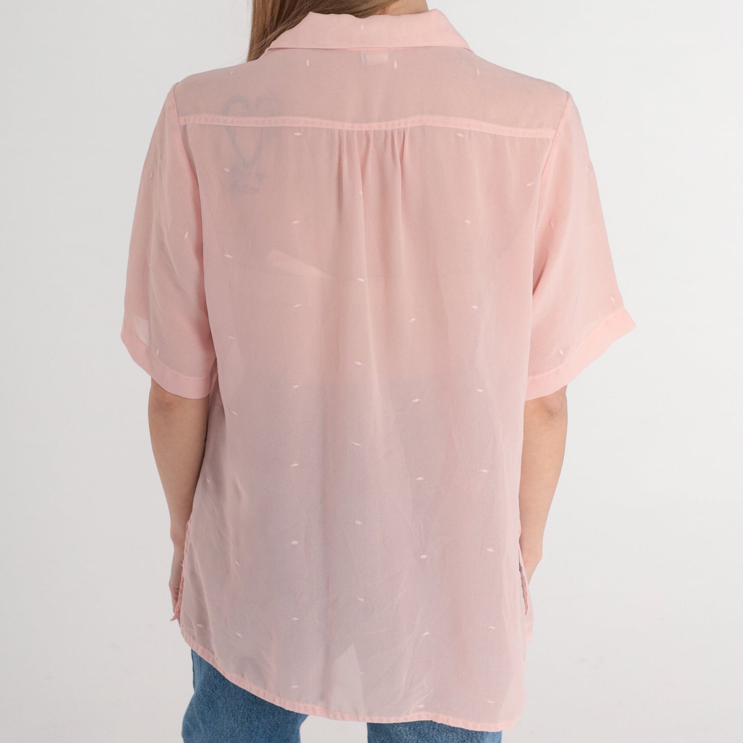80s Pink Floral Embroidered Blouse Puff Sleeve Button-Up Collared Large