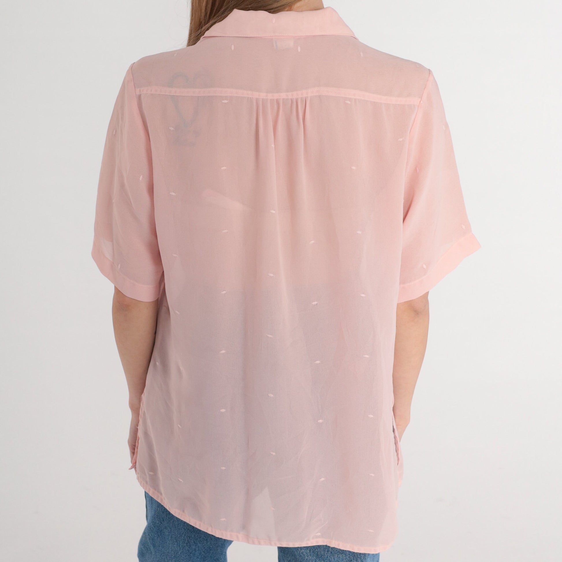 80s Pink Floral Embroidered Blouse Puff Sleeve Button-Up Collared Large