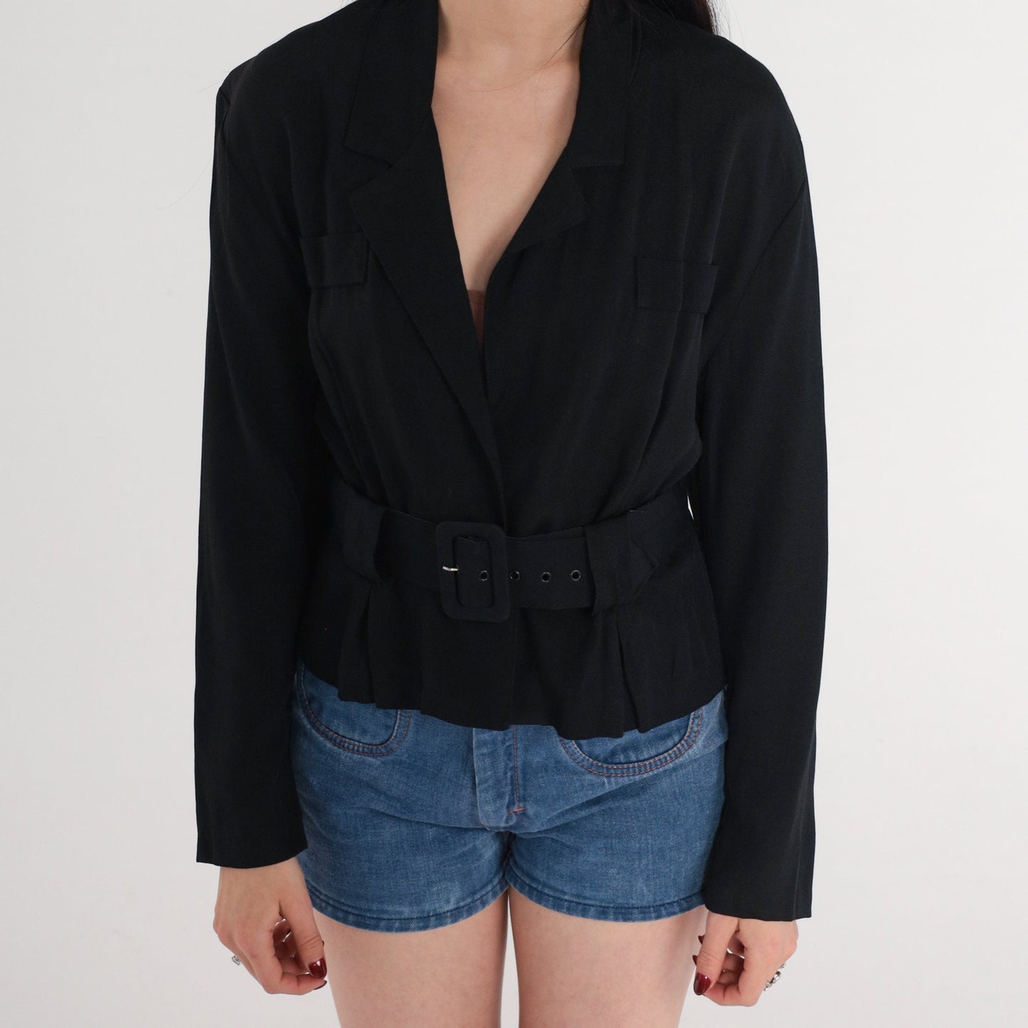 90s Joule Black Blazer Deep V Neck Belted Structured Jacket Small