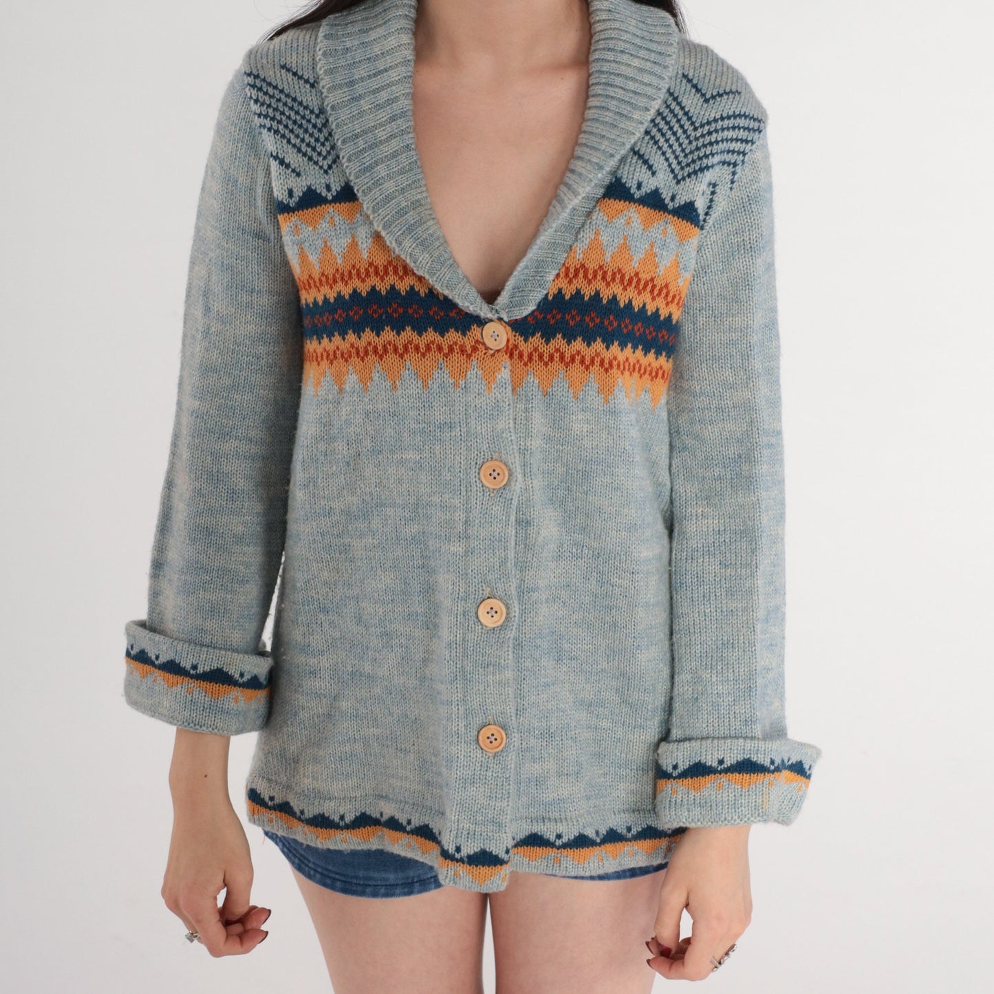 70s Fair Isle Cardigan Blue Geometric Nordic Knit Shawl Collar Medium M
