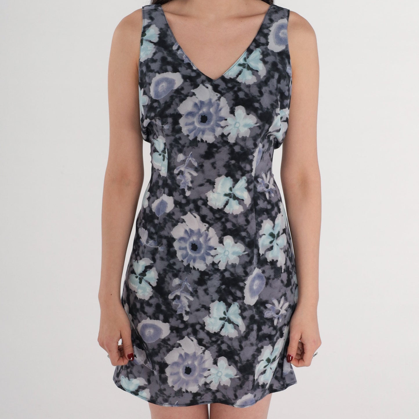 90s Tie Dye Floral Mini Dress Black Grey Purple Cloud Print V Neck Small