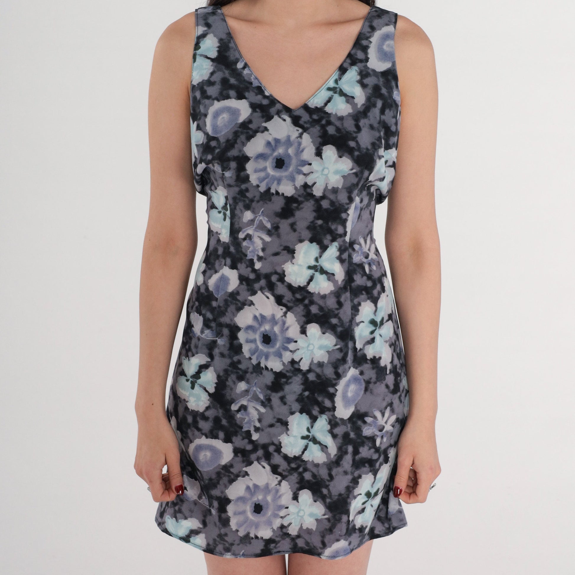 90s Tie Dye Floral Mini Dress Black Grey Purple Cloud Print V Neck Small