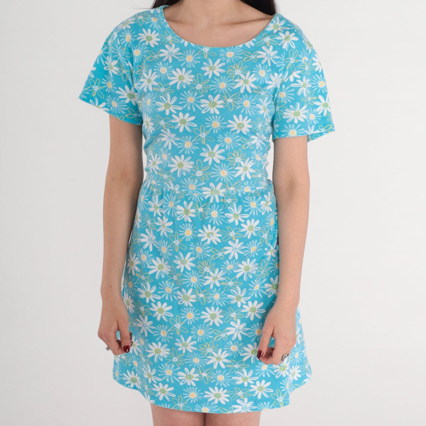 90s Bobbie Brooks Daisy Floral Mini Dress Blue High Waisted Pockets Large