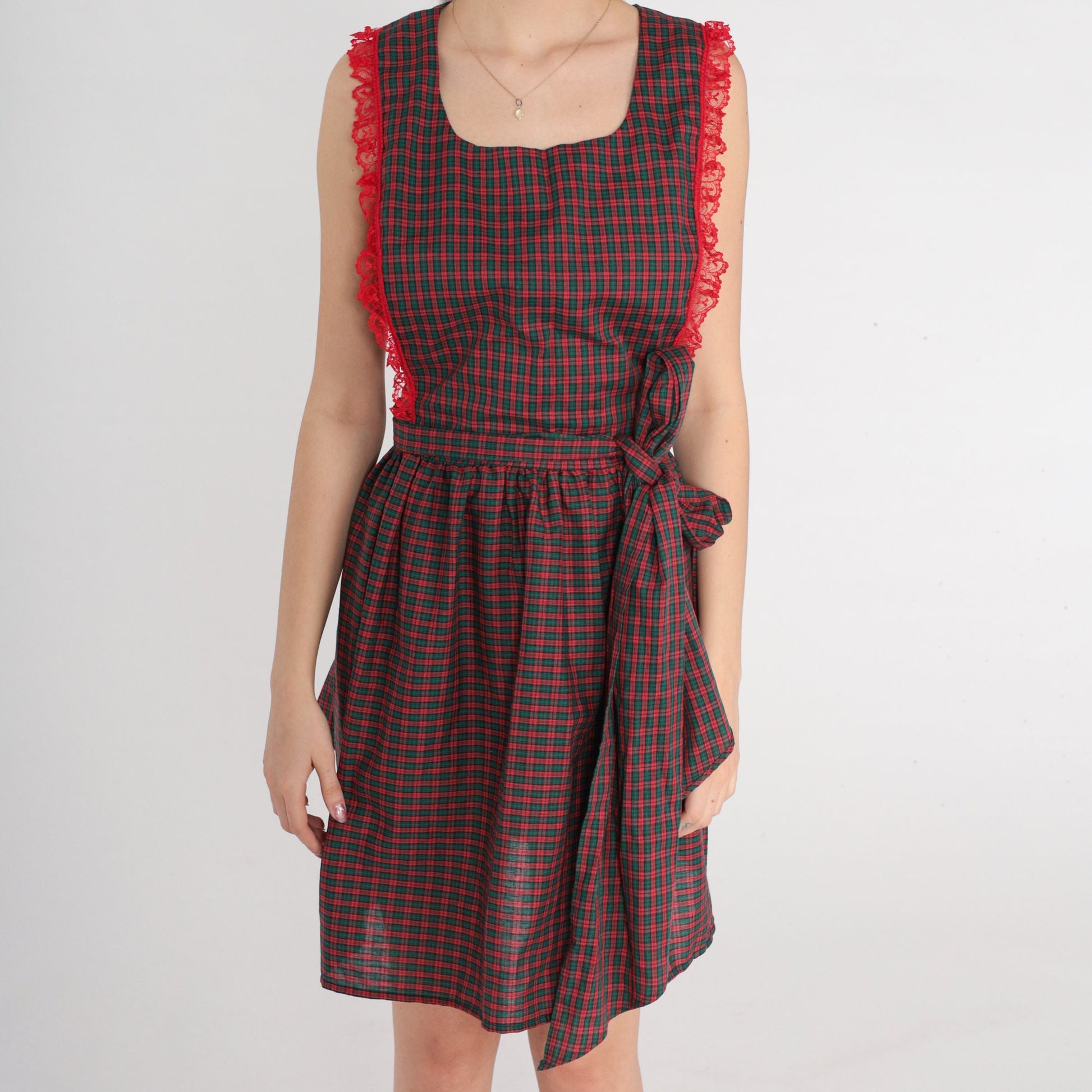 70s Red Green Plaid Apron Dress Lace Trim Open Back Small Medium