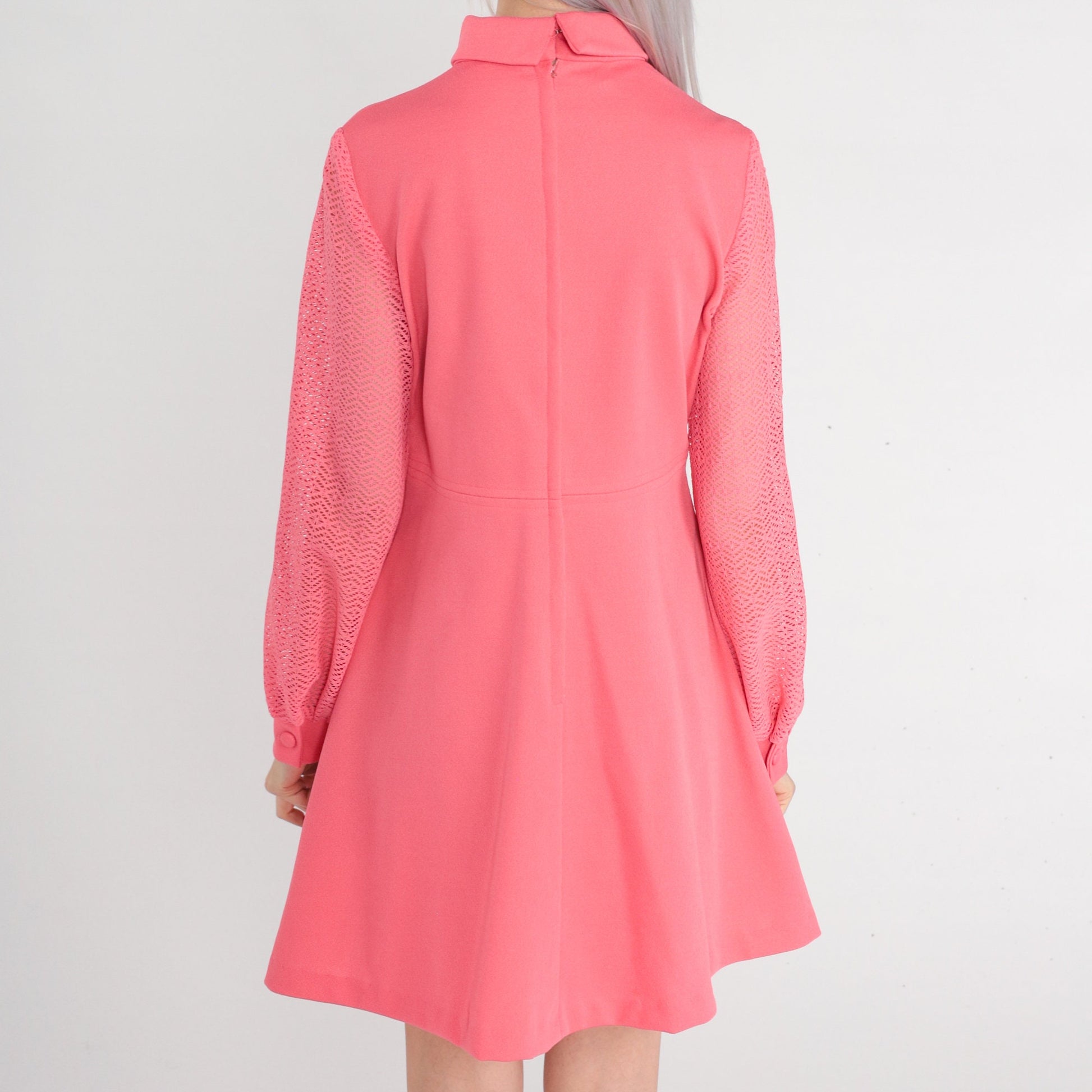 70s Pink Mini Dress Empire Waist Lace Sleeve High Mock Neck Medium M