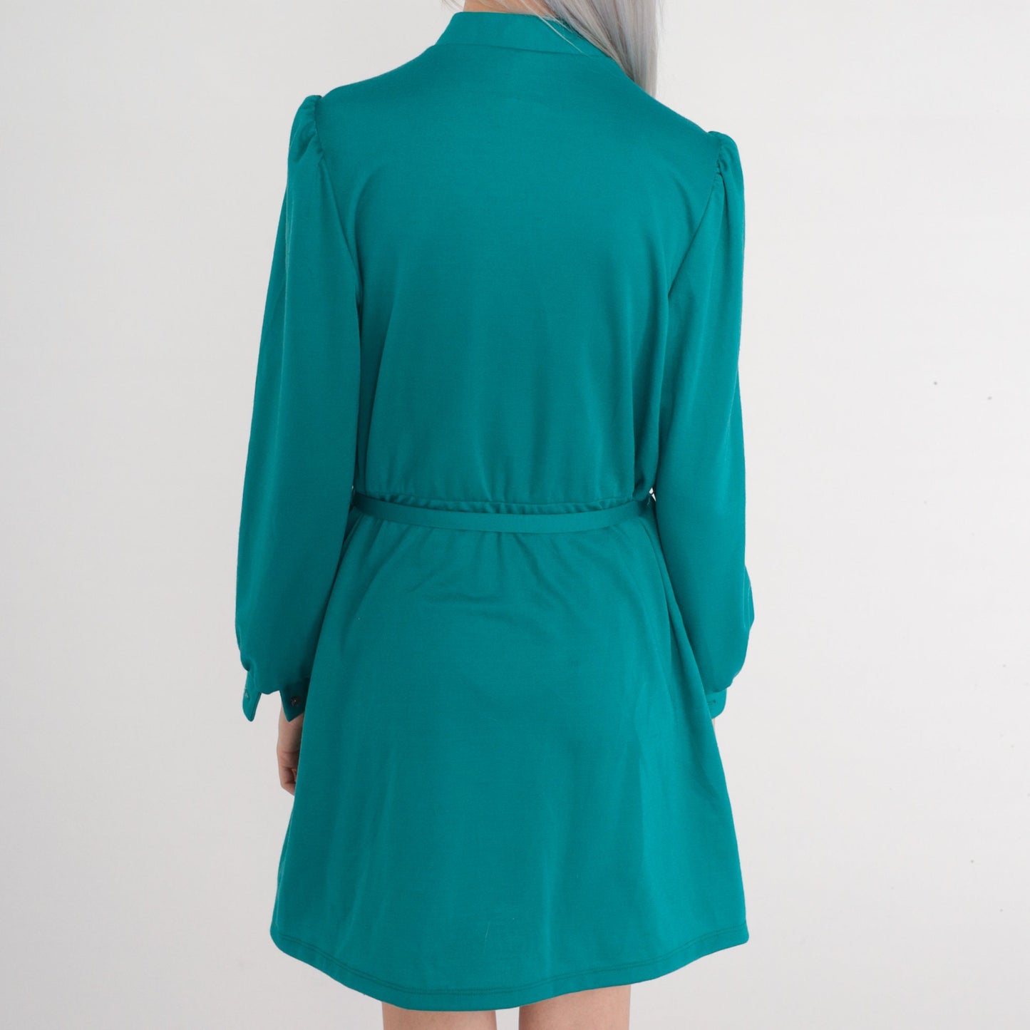 1970s Teal Green Wool Blend Mini Dress Puff Sleeve Button-Up High Waist Medium