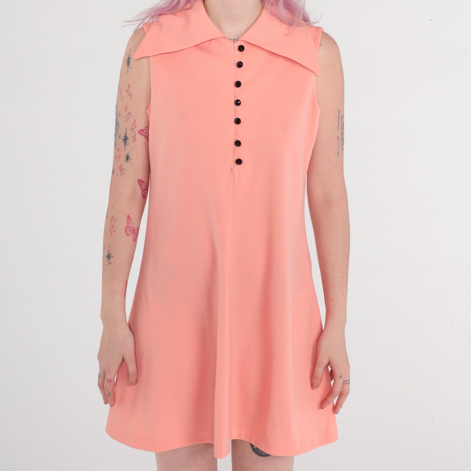 70s Peach Mod Mini Shift Dress Button-Up Sleeveless Collared Medium
