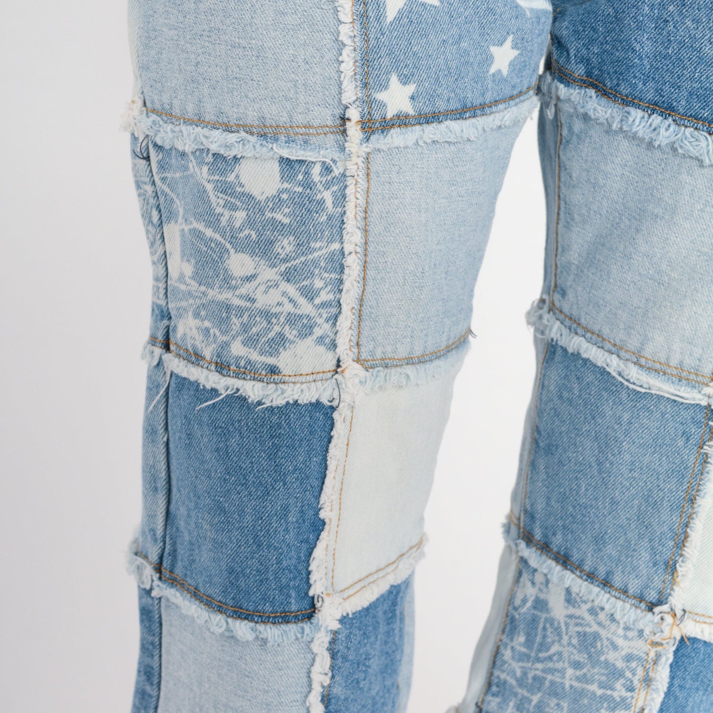Y2K Patchwork Cropped Jeans Blue Floral Star Print Side Slits 2XS