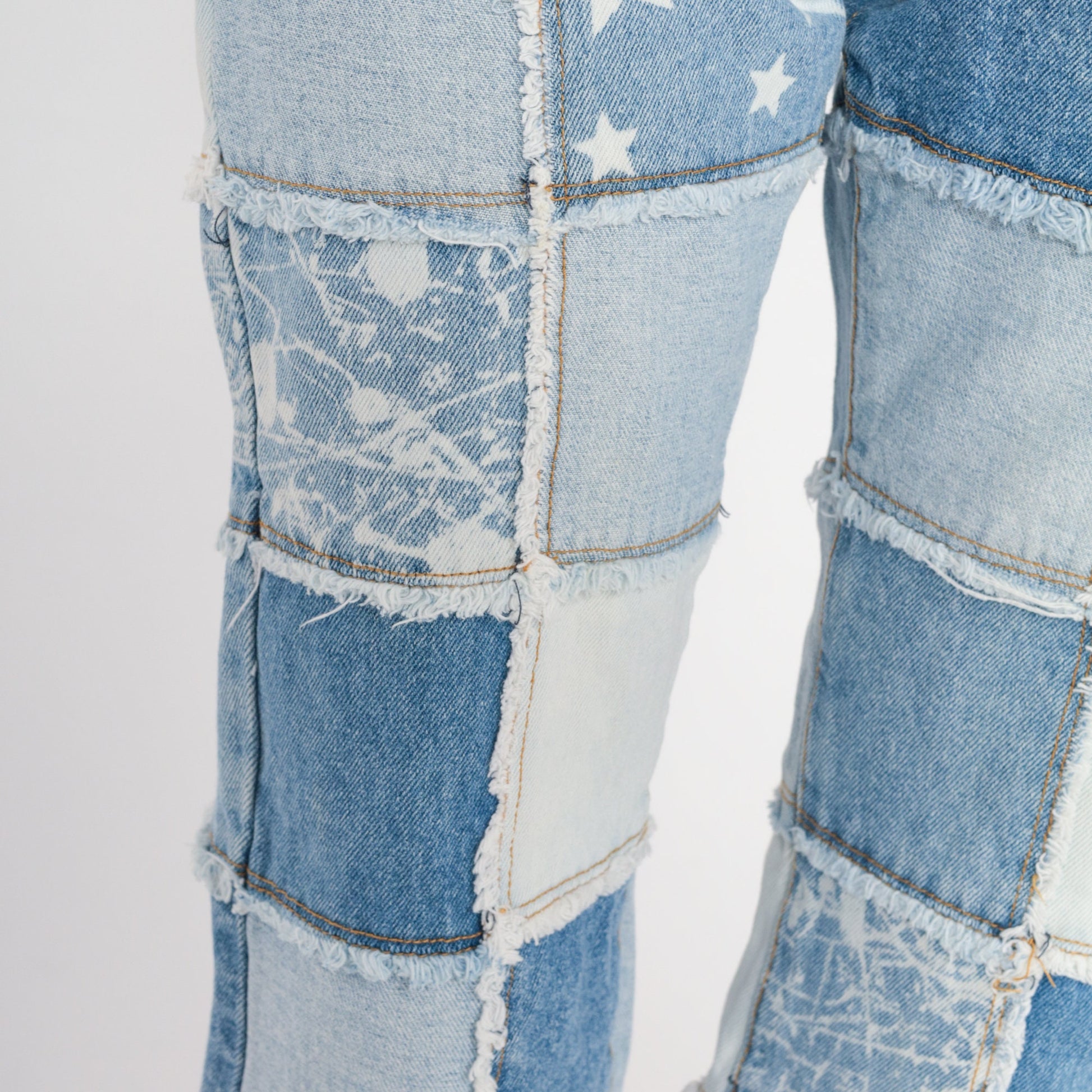 Y2K Patchwork Cropped Jeans Blue Floral Star Print Side Slits 2XS