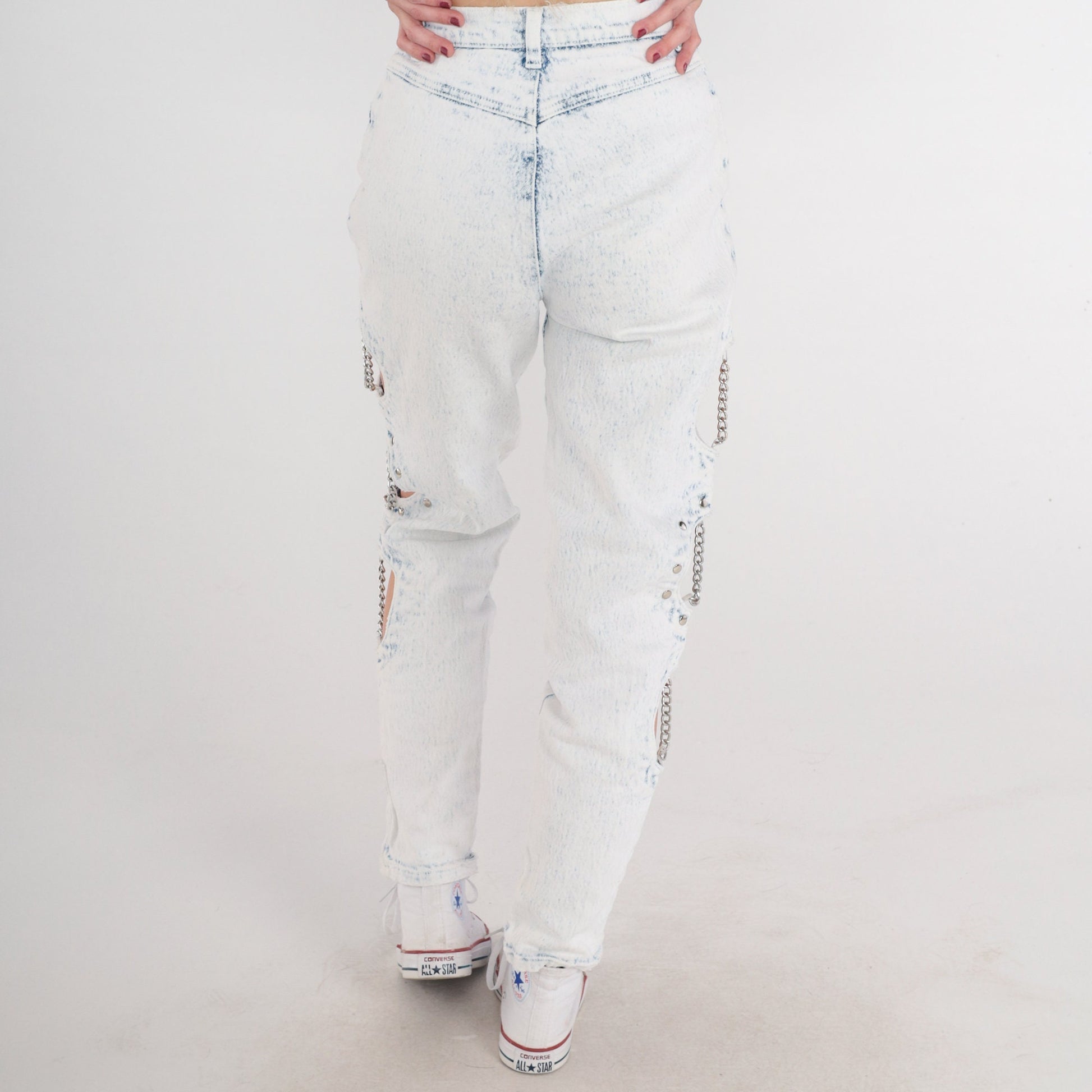 90s Cutout Chain Skinny Jeans Pale Blue Stone Wash High Waisted Extra Small