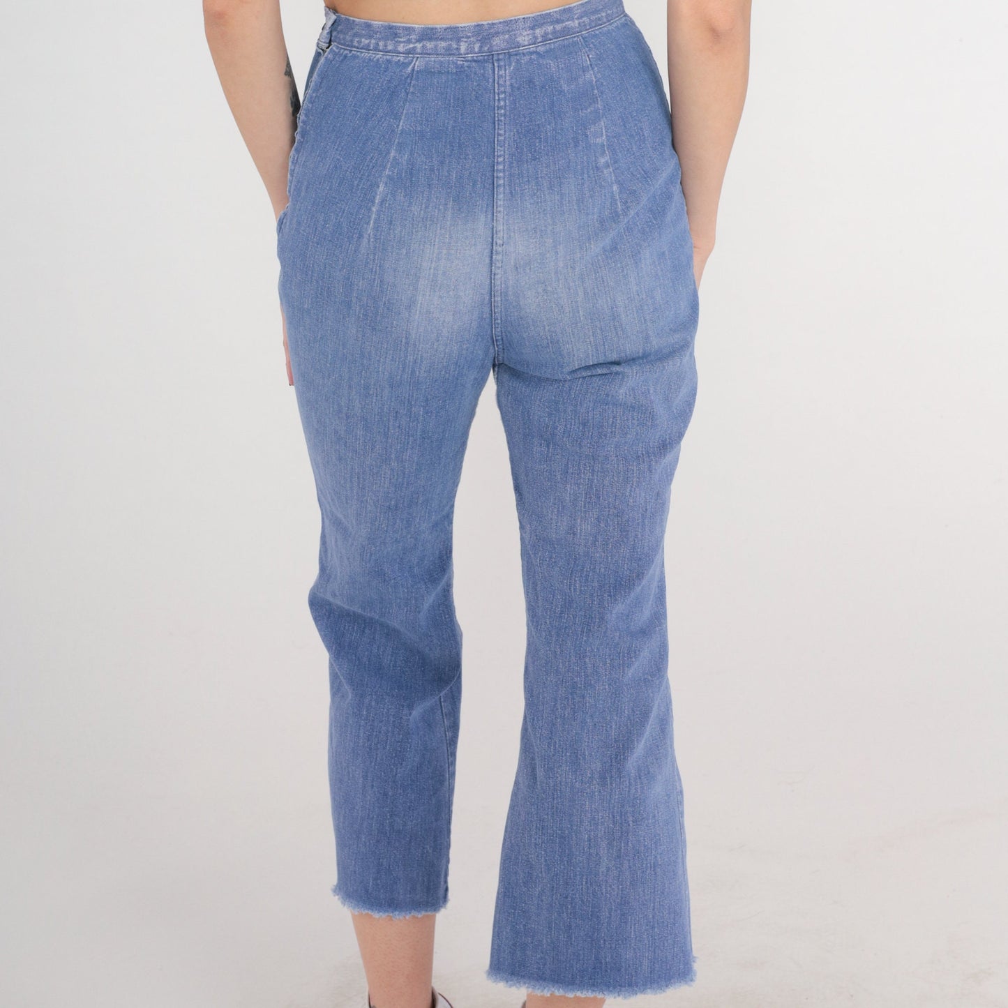 70s Bell Bottom Jeans Cropped High Rise Raw Hem Blue Denim Extra Small