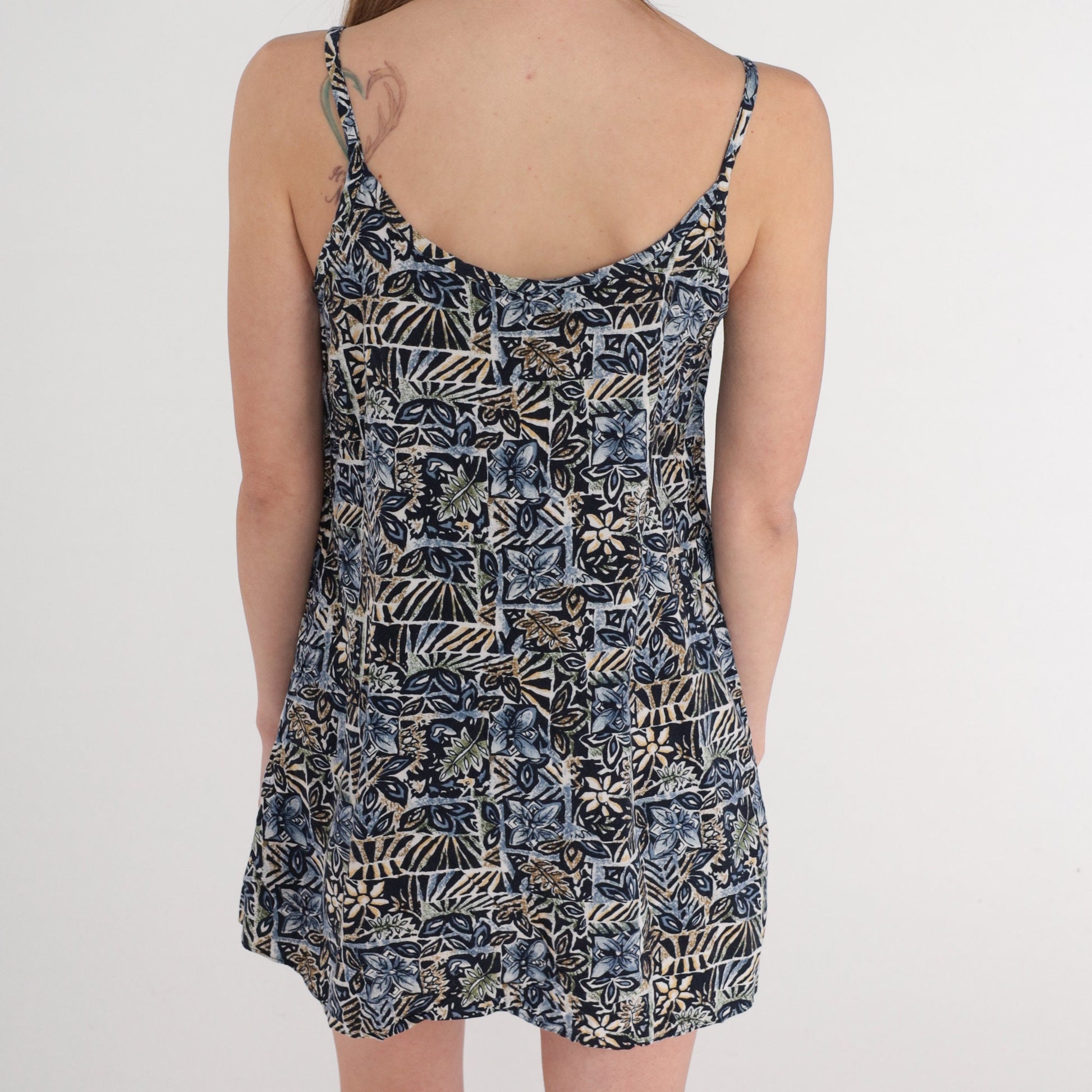 90s Tropical Floral Stamp Print Tank Top Navy Tunic Rayon Small S