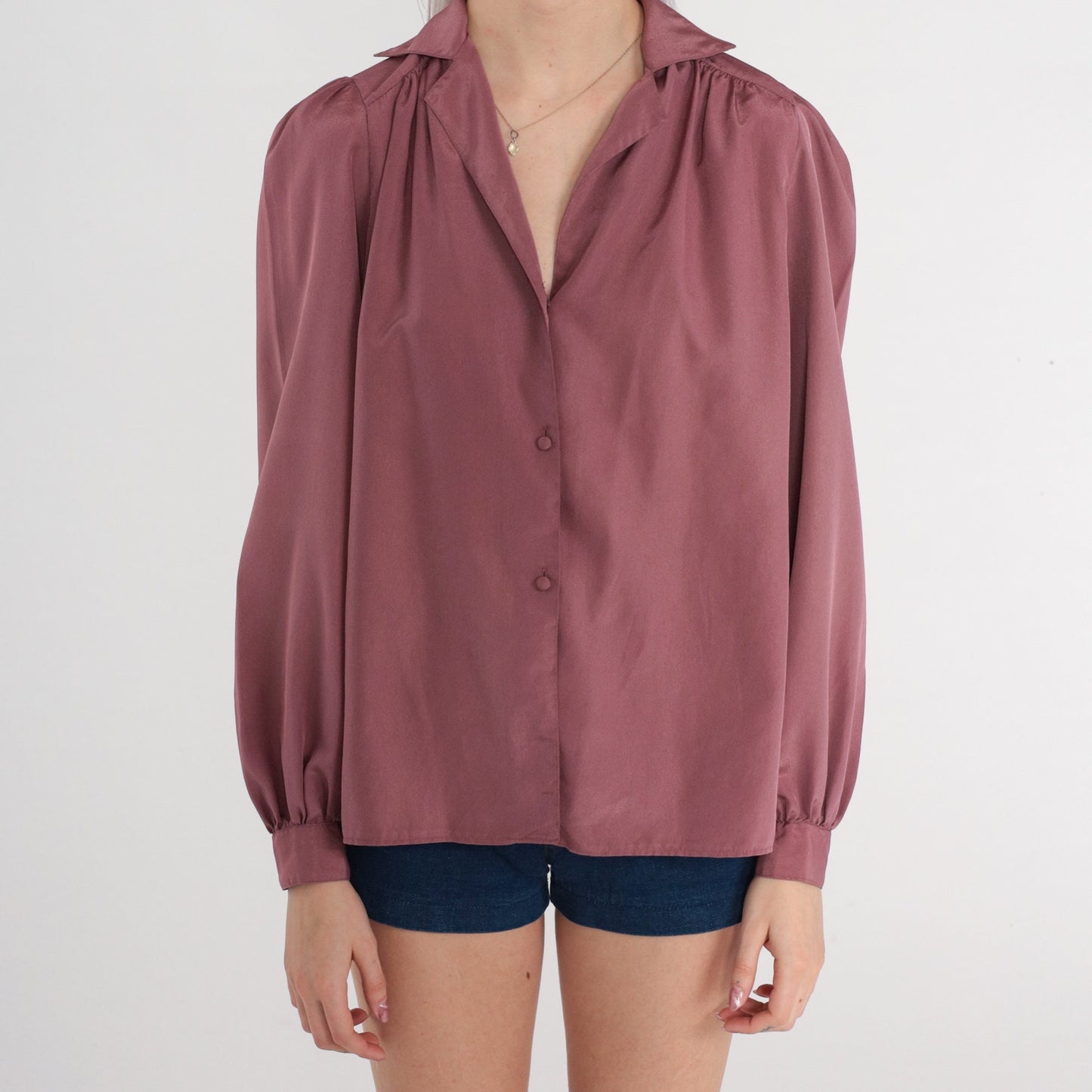 80s Dusty Purple Button-Up Blouse Puff Sleeve Pleated Collared Medium M
