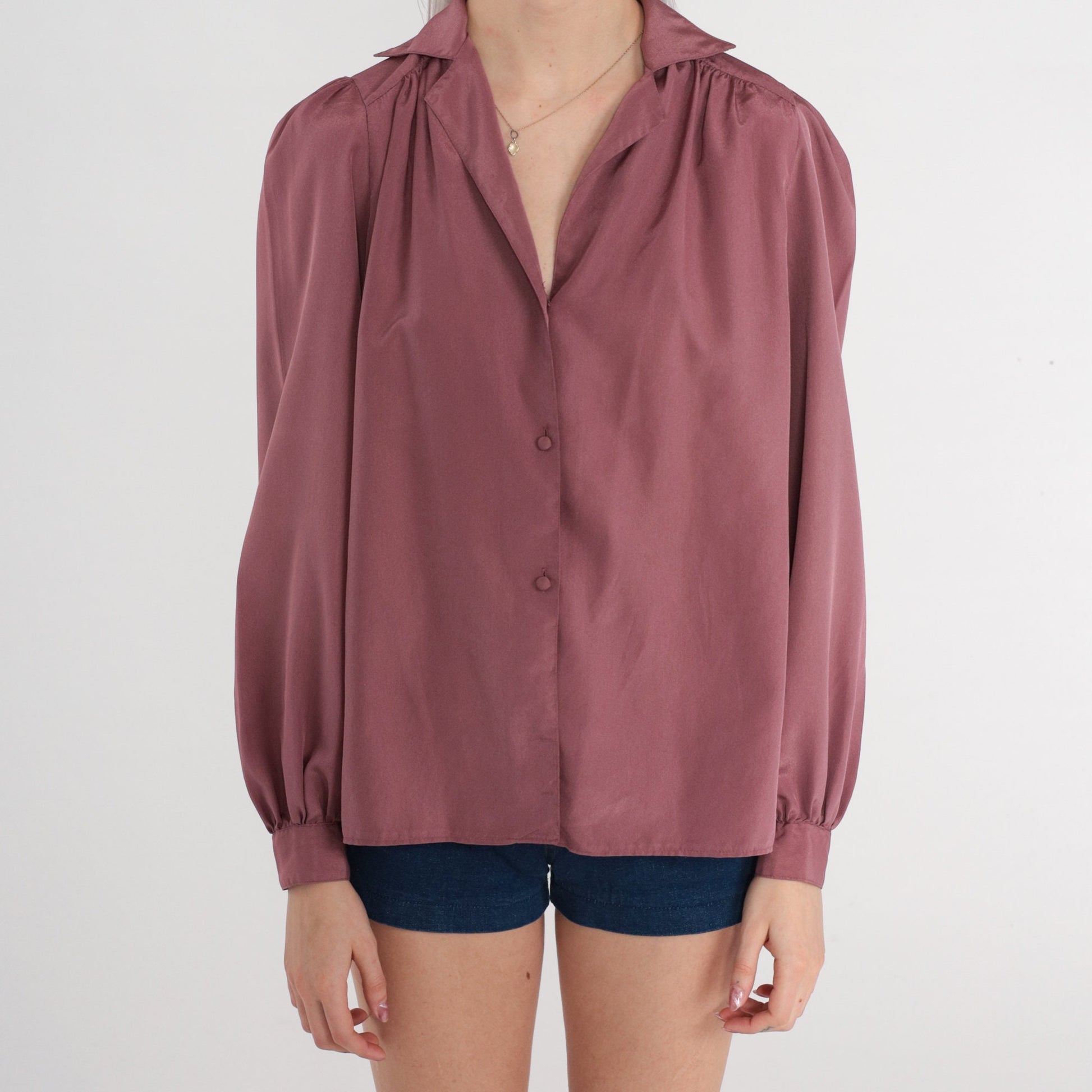 80s Dusty Purple Button-Up Blouse Puff Sleeve Pleated Collared Medium M
