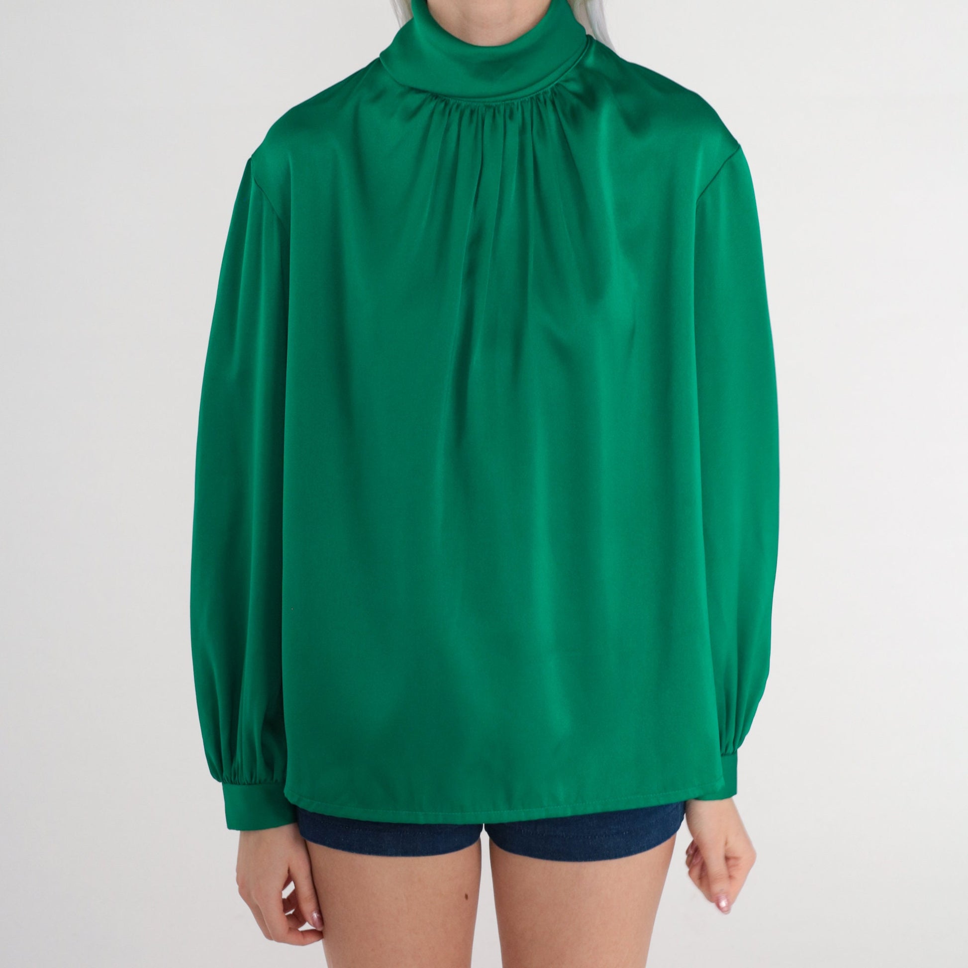 80s Green Satin Pleated Blouse Mock Neck Button Back Long Sleeve Medium