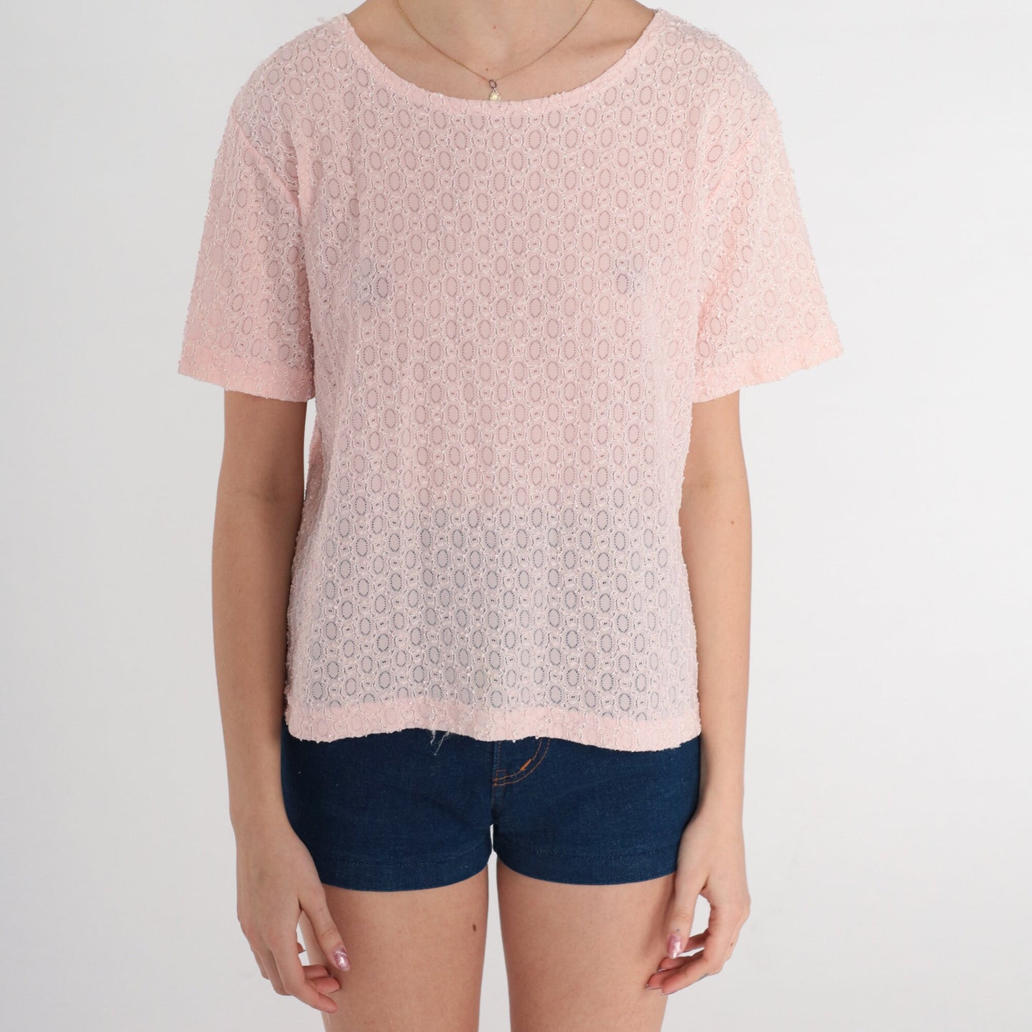 80s Baby Pink Sheer Lace Cutout Blouse Short Sleeve Large L