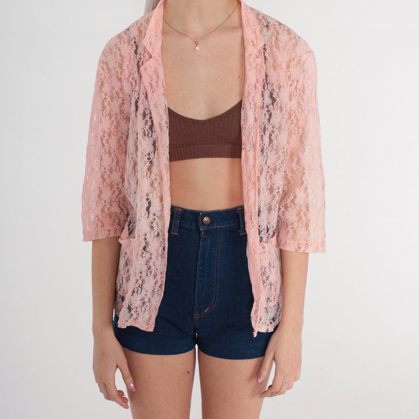 70s Playmate Pink Lace Bed Jacket 3/4 Sleeve Open Front Medium M