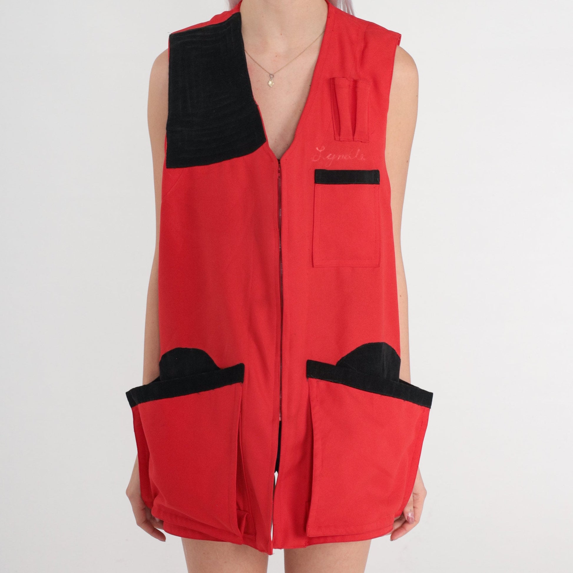 70s Upland Gun Club Hunting Vest Red Black Cargo Sleeveless Zip Large