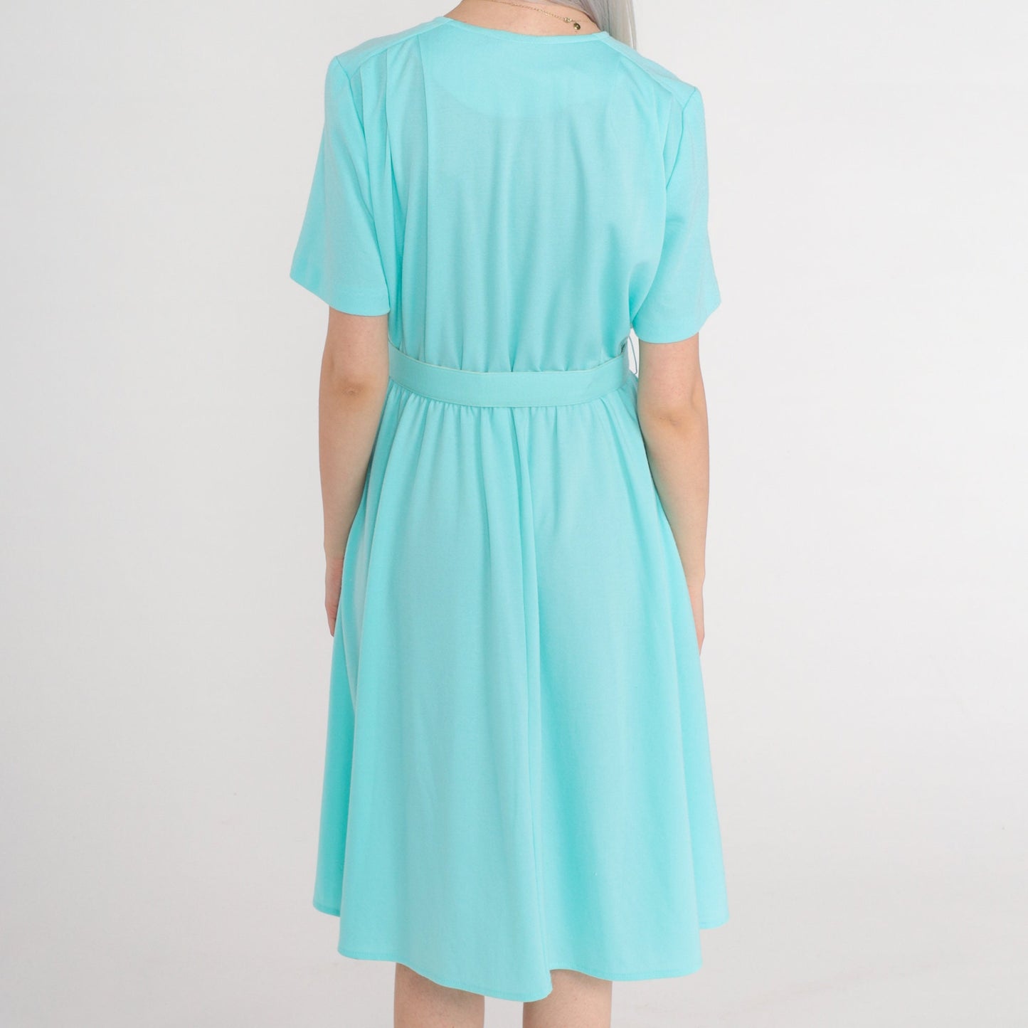 80s Mint Blue Button-Up Midi Shirtdress High Waisted Belted Secretary Medium