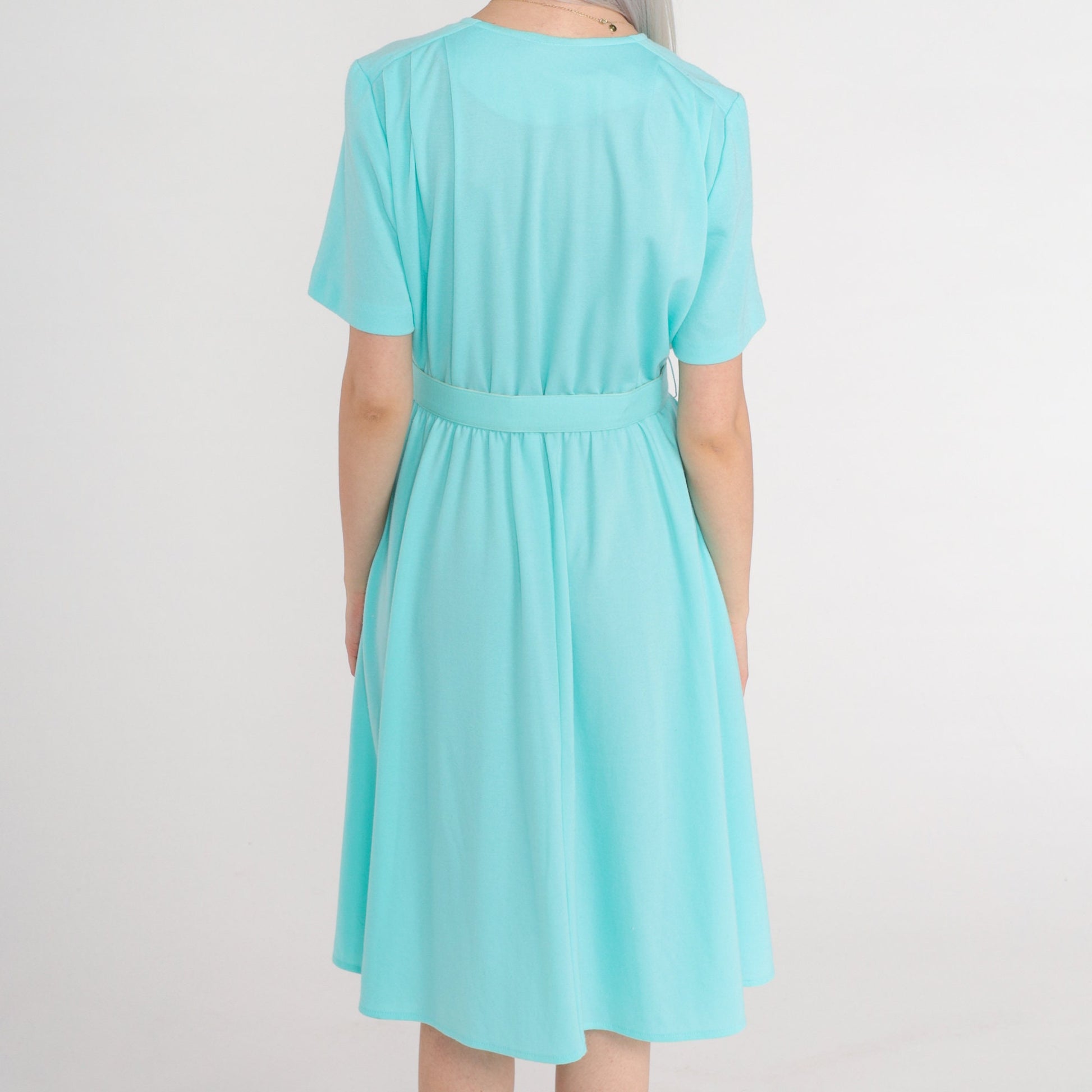 80s Mint Blue Button-Up Midi Shirtdress High Waisted Belted Secretary Medium