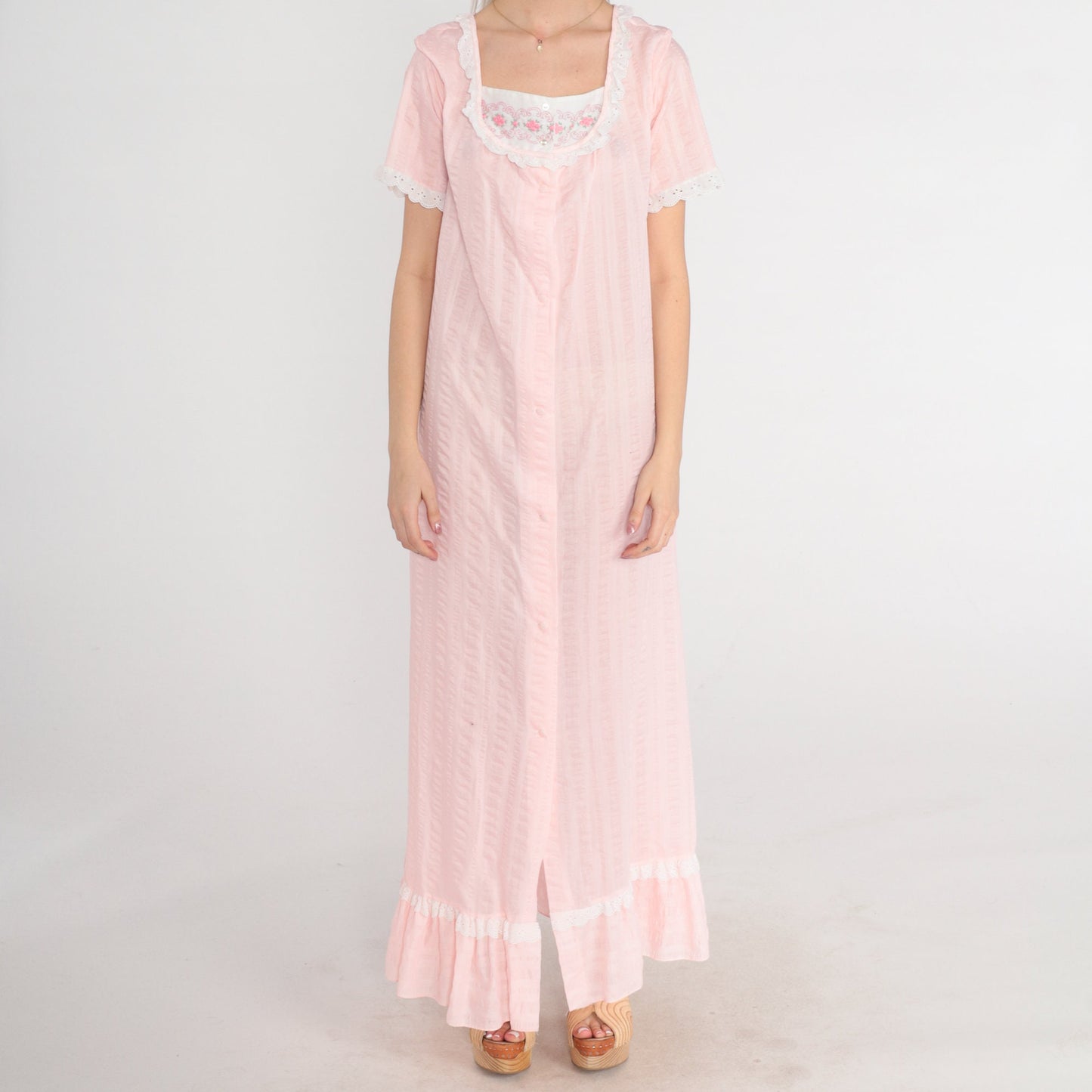 70s Baby Pink Striped Nightgown Maxi Eyelet Lace Floral Embroidered Medium