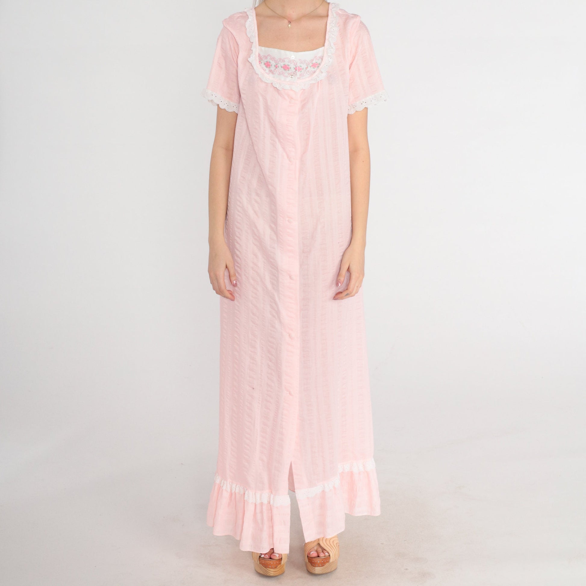 70s Baby Pink Striped Nightgown Maxi Eyelet Lace Floral Embroidered Medium