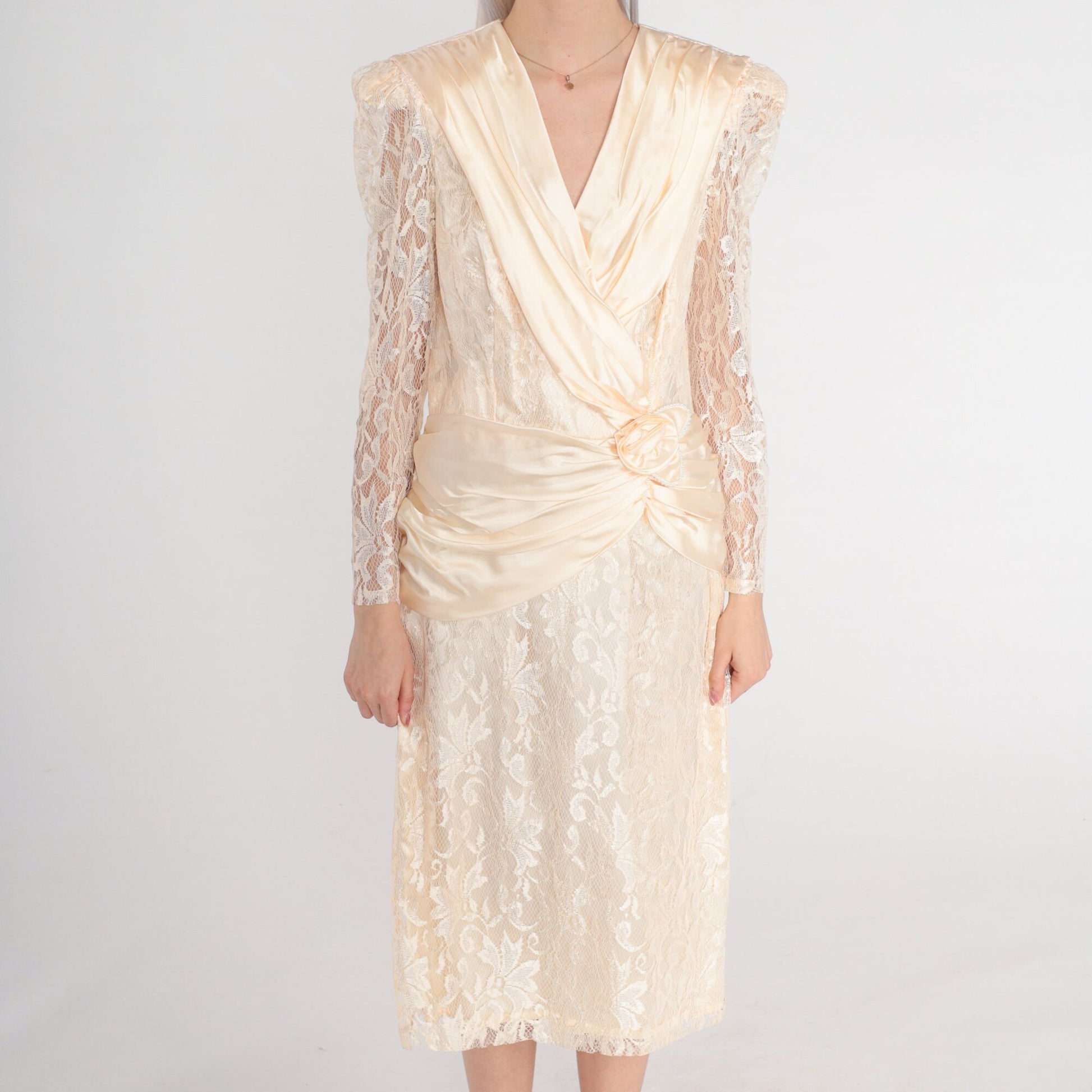 80s Peach Floral Lace Midi Dress Puff Sleeve Rosette Satin Drape Small