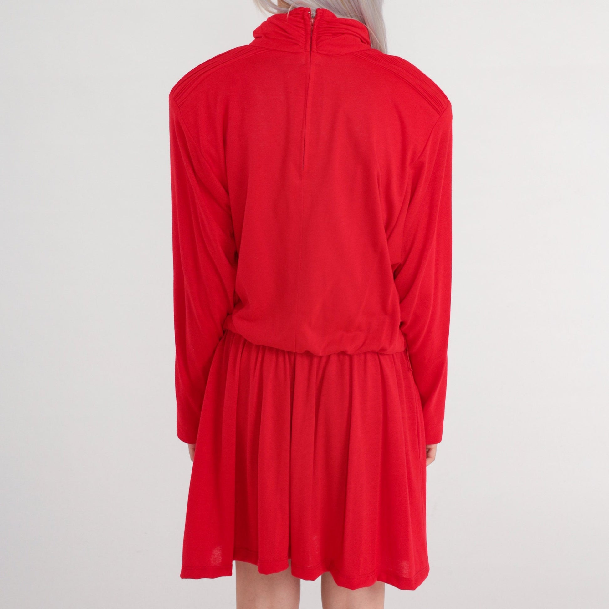 80s Red Mini Dress Turtleneck Blouson Pleated High Waist Long Sleeve Large