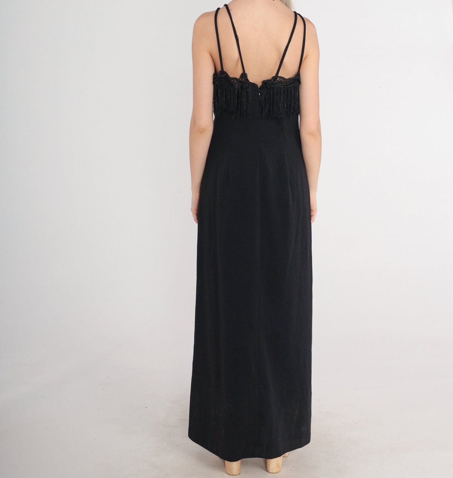 70s Black Fringe Maxi Dress Criss Cross Straps Crochet Lace Medium