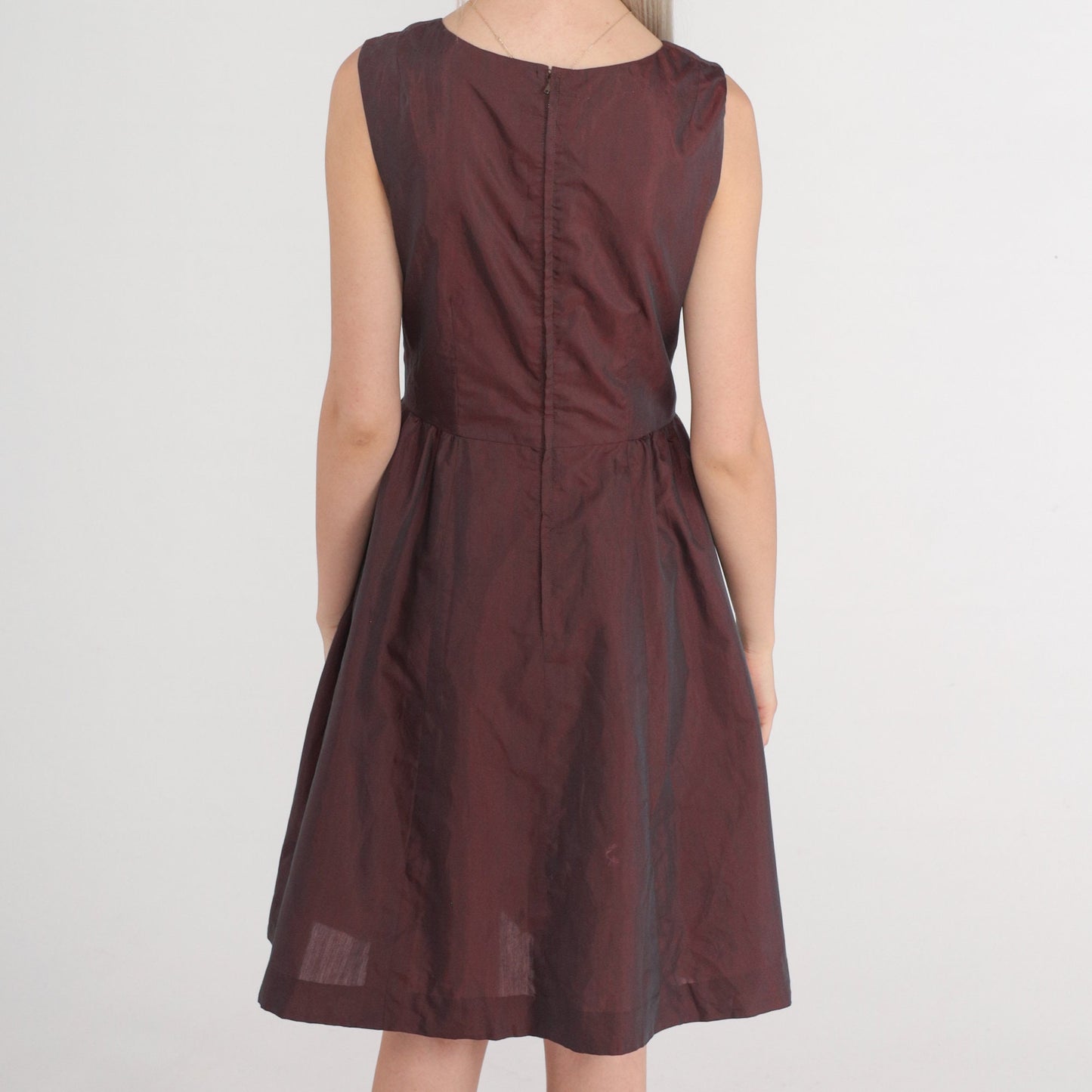 60s Iridescent Purple Mini Dress Sweetheart Neckline Pleated Sleeveless XS