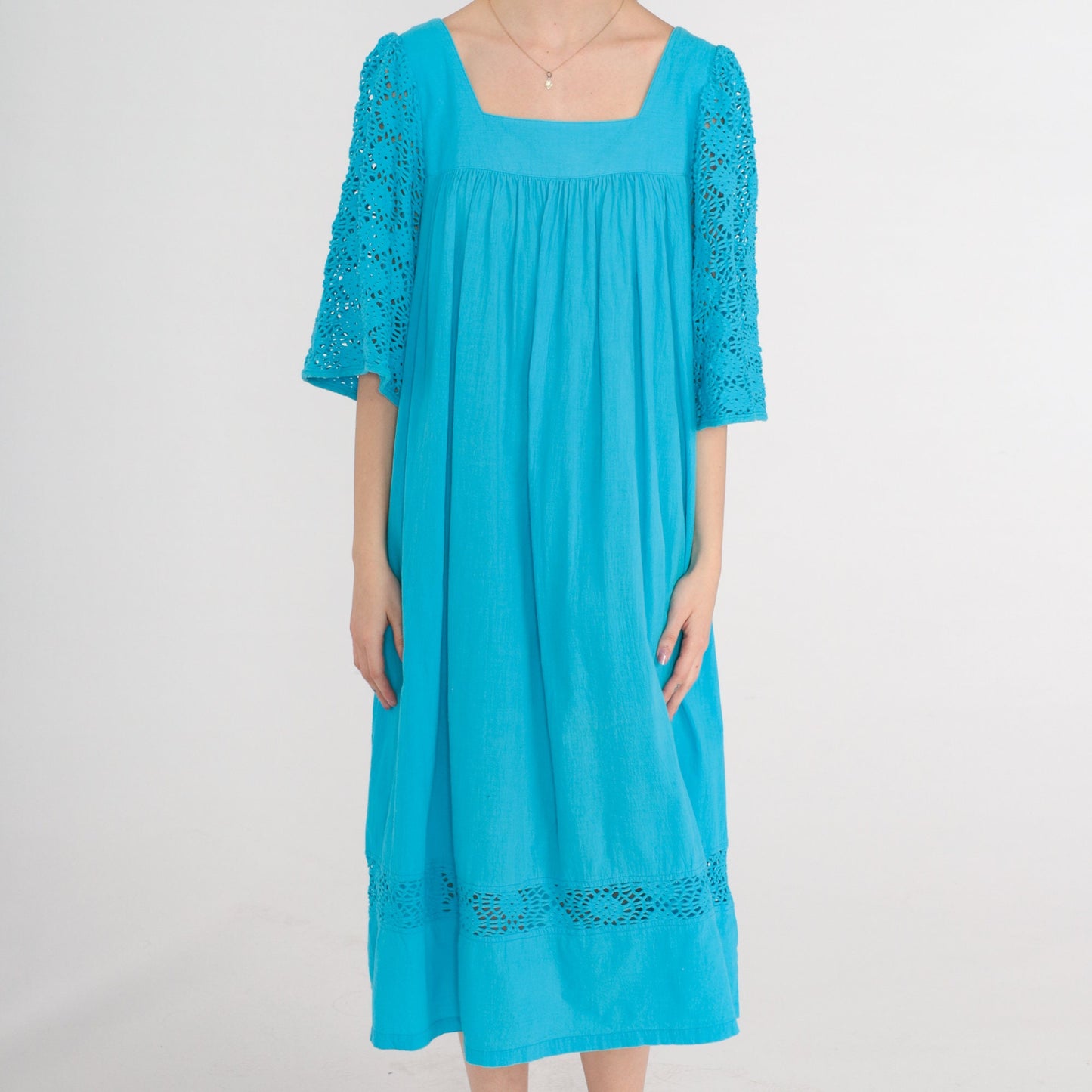 90s Turquoise Cotton Midi Dress Cutout Lace Bell Sleeve Tent Cut Medium M