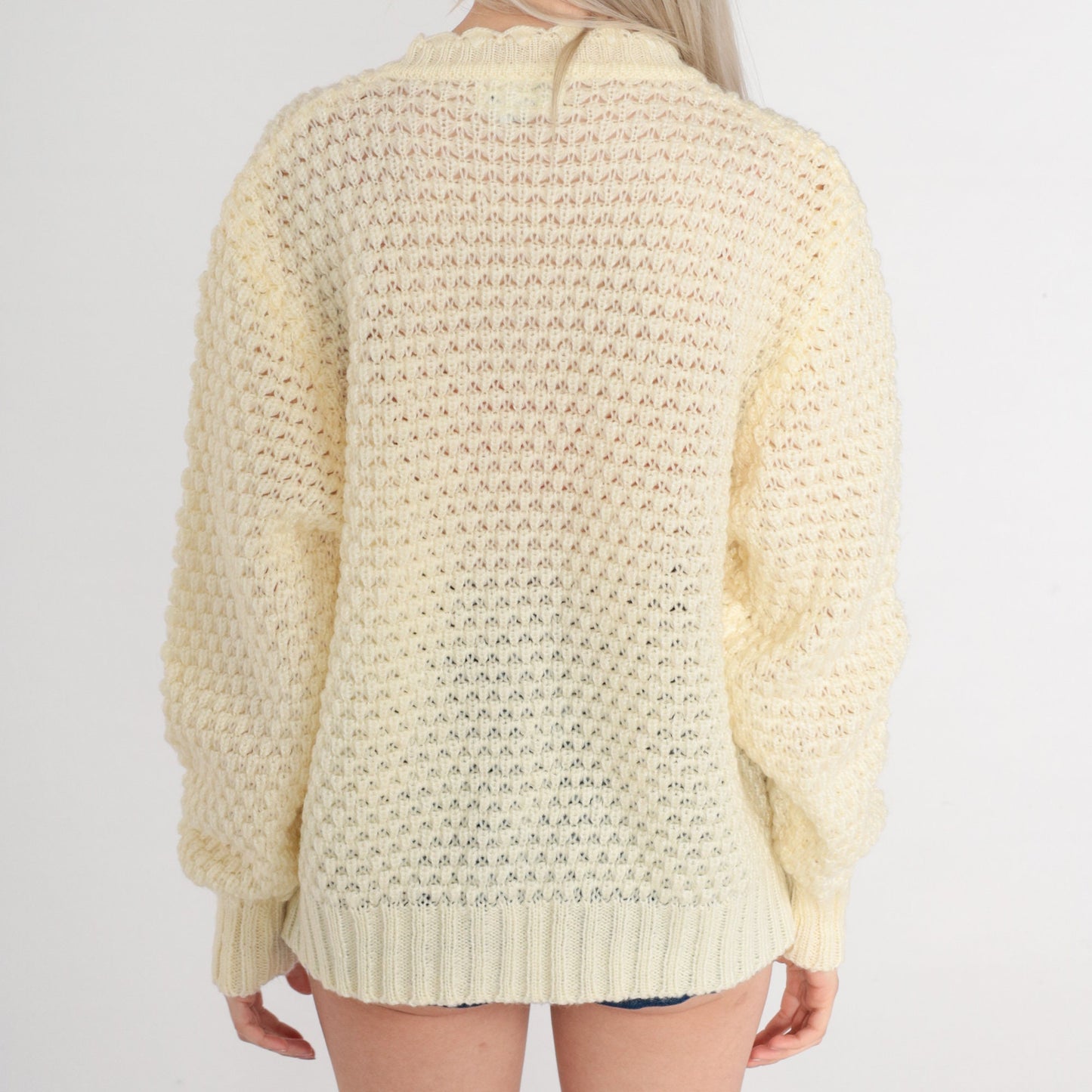 70s Cream Pointelle Cardigan Chunky Knit Scalloped Open Front Large