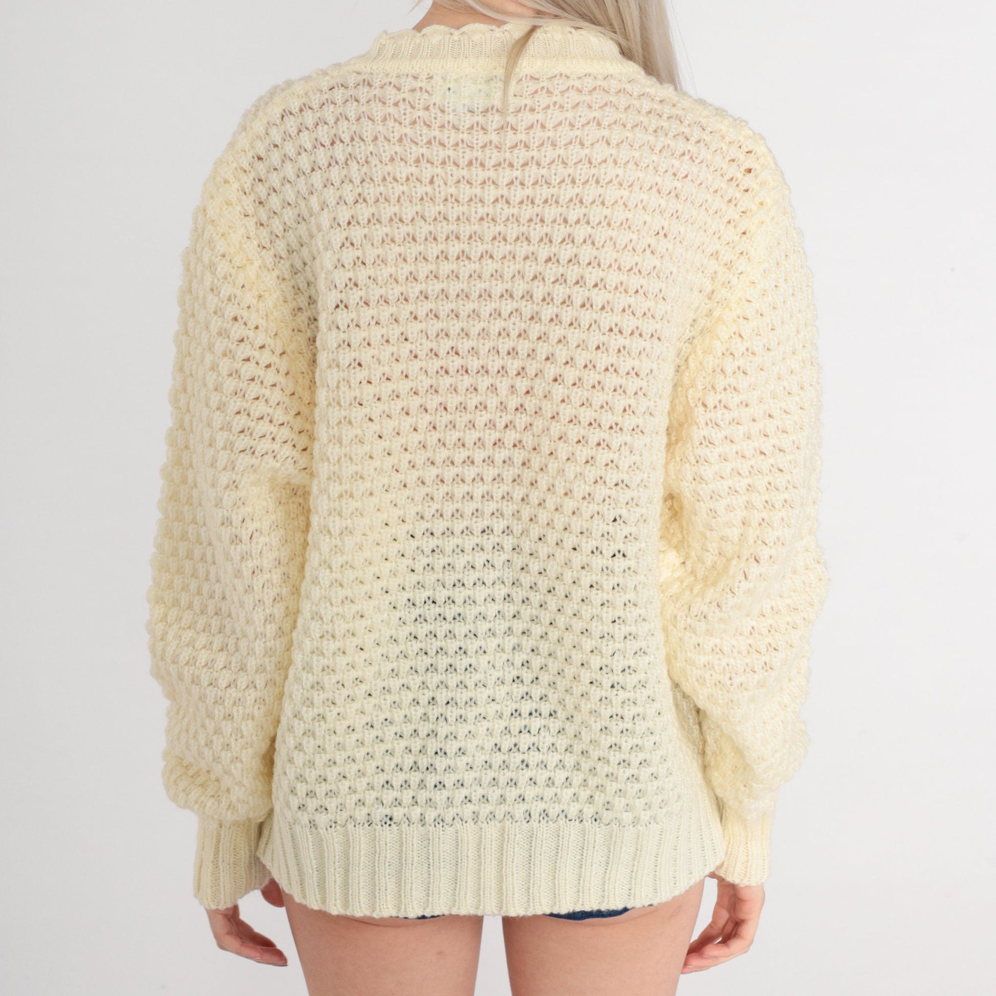 70s Cream Pointelle Cardigan Chunky Knit Scalloped Open Front Large